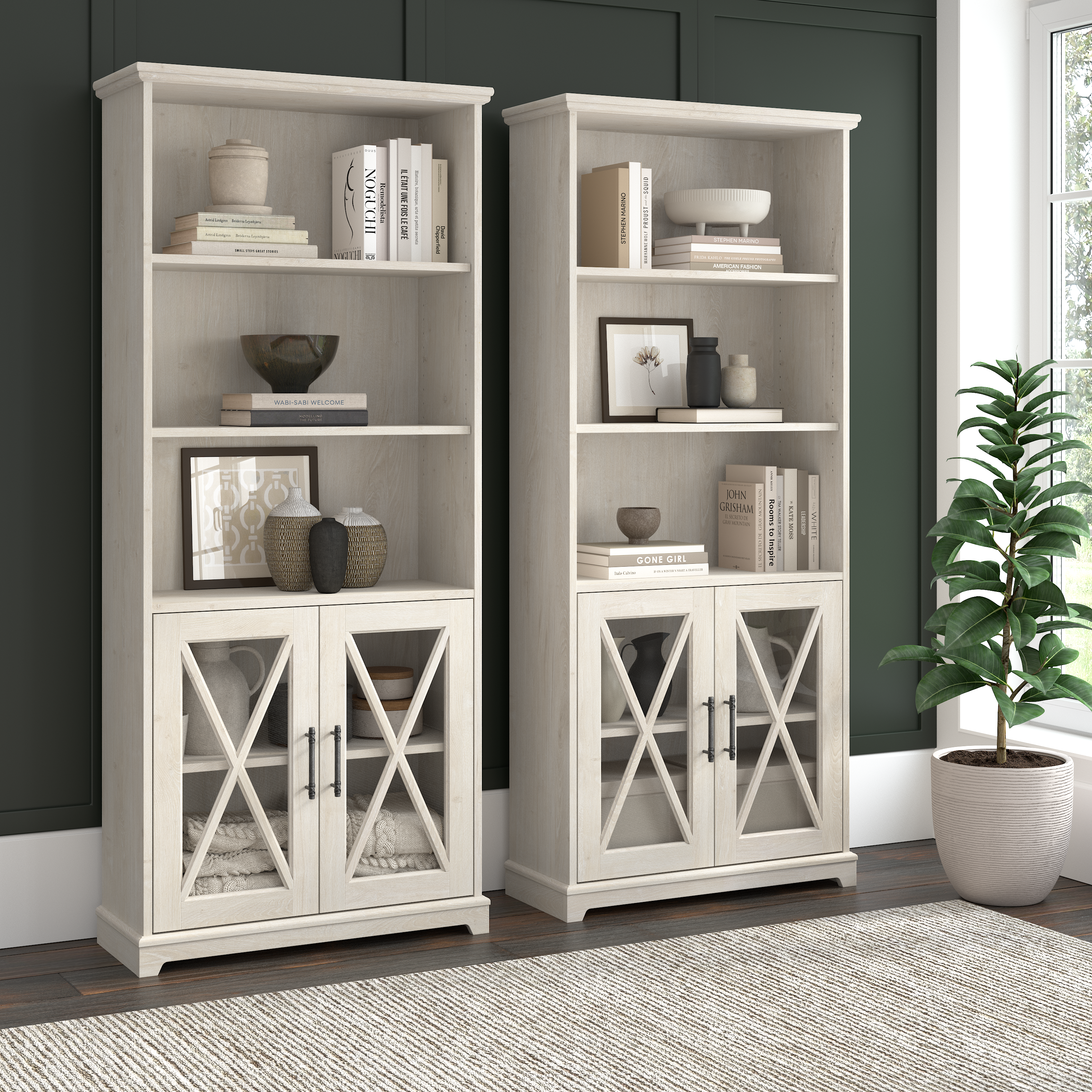 Shop Bush Furniture Lennox Farmhouse 5 Shelf Bookcase with Glass Doors 08 LEB132LW-03 #color_linen white oak