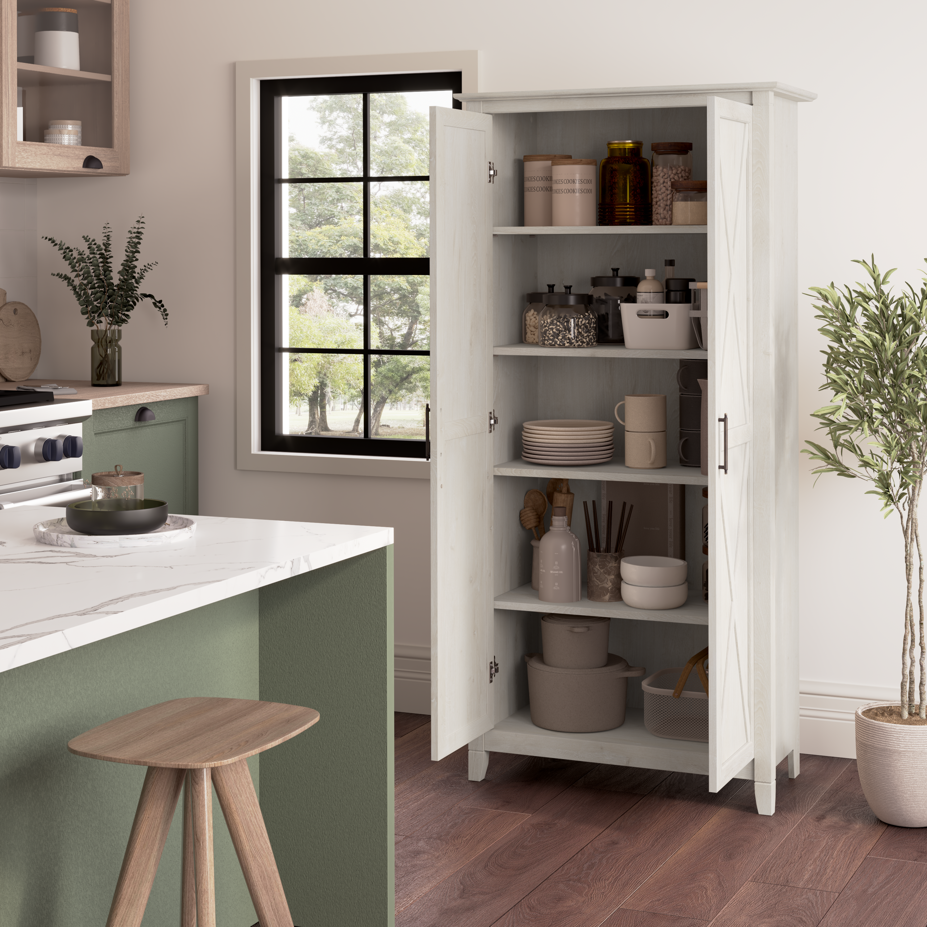 Shop Bush Furniture Key West Tall Kitchen Pantry Cabinet with Doors and Shelves 06 KWS266LW-Z #color_linen white oak/pure white