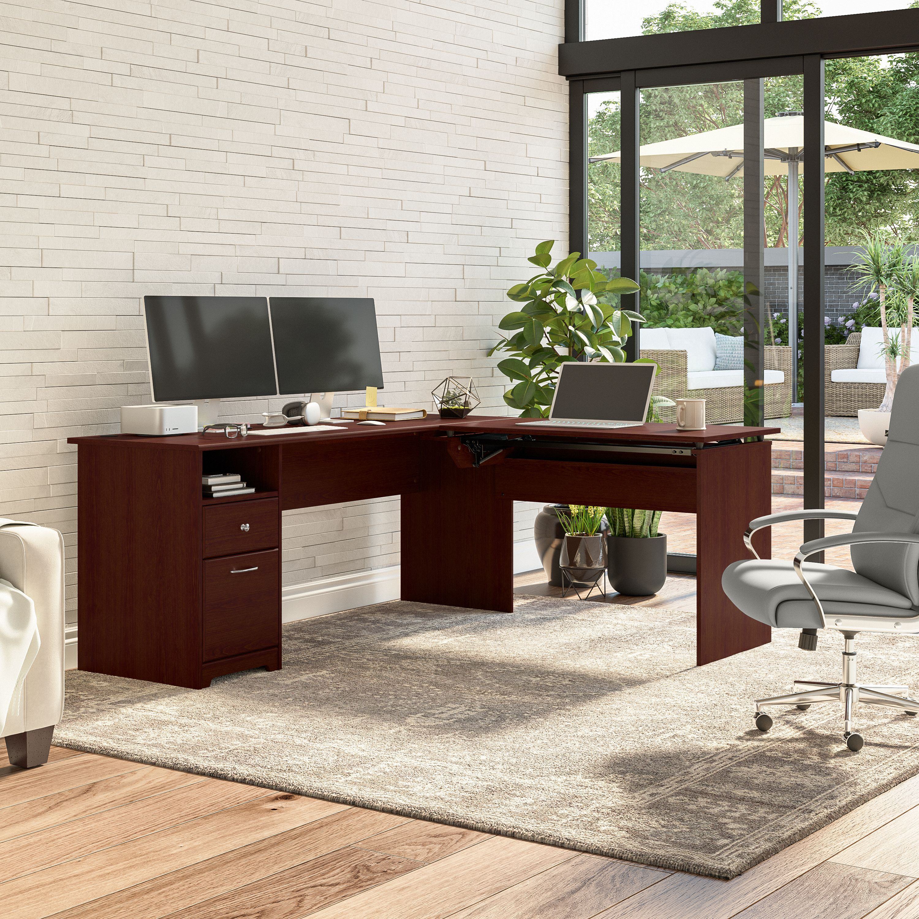 Shop Bush Furniture Cabot 72W 3 Position Sit to Stand L Shaped Desk 03 CAB050HVC #color_harvest cherry