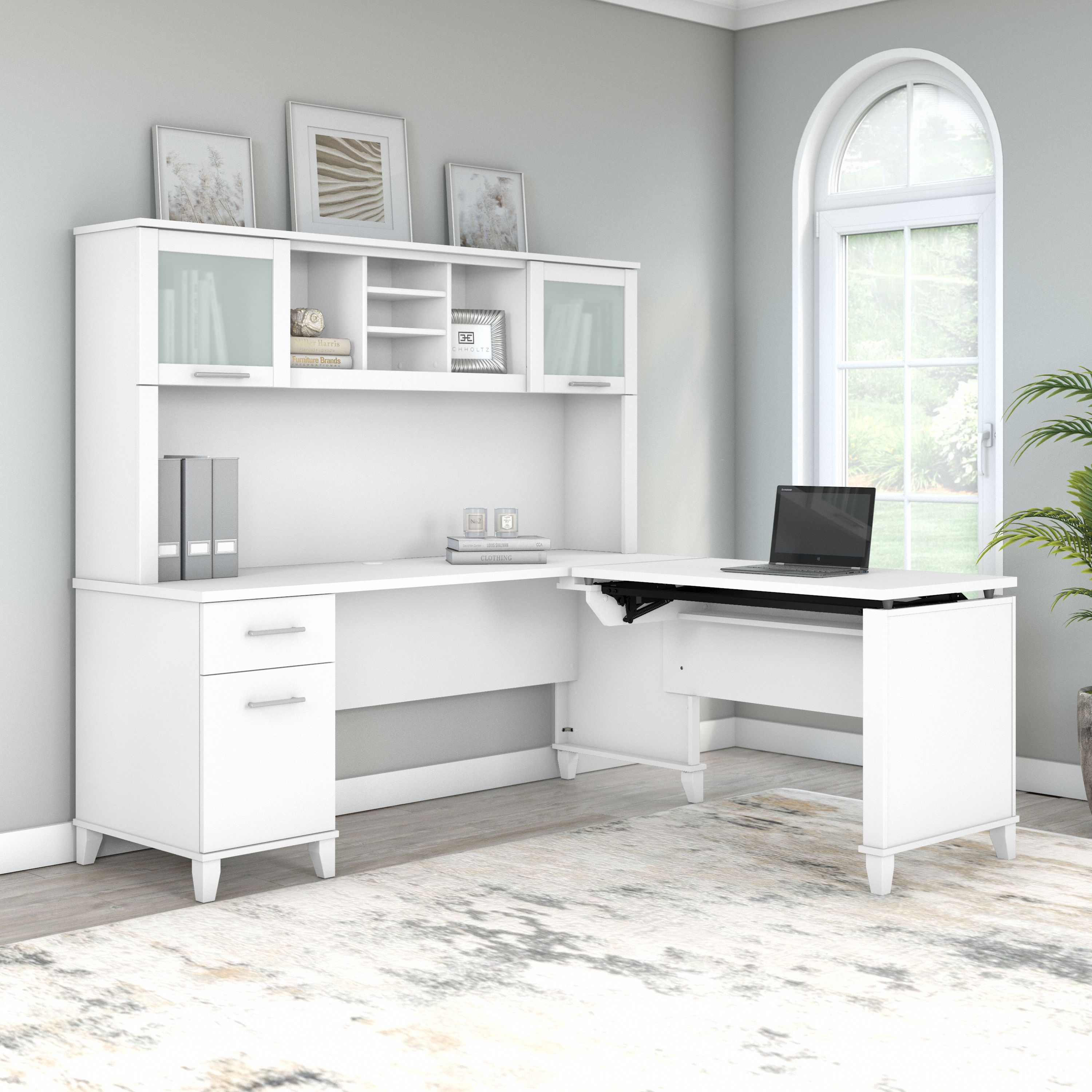 Shop Bush Furniture Somerset 72W 3 Position Sit to Stand L Shaped Desk with Hutch 03 SET015WH #color_white