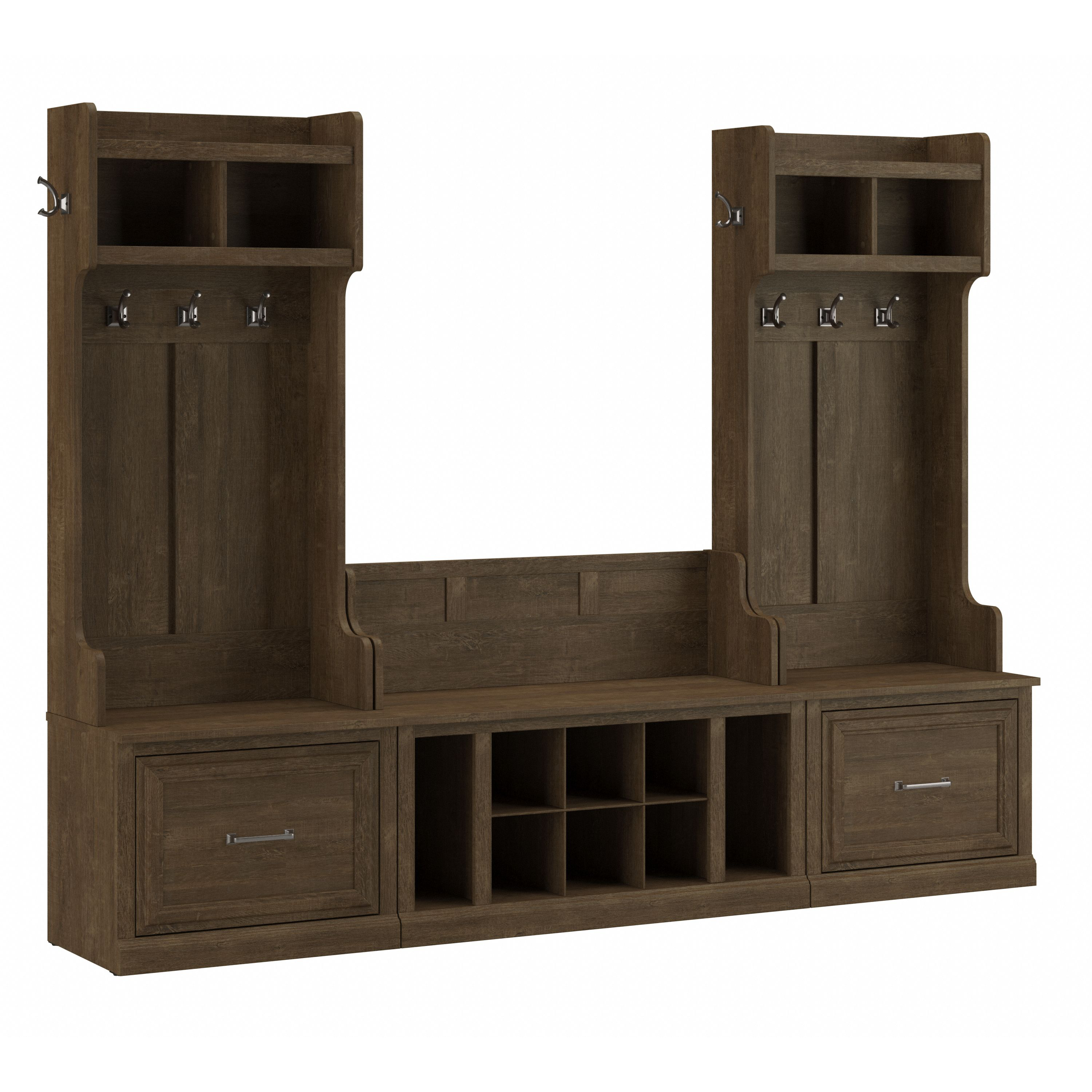 Shop Bush Furniture Woodland Entryway Storage Set with Hall Trees and Shoe Bench with Drawers 02 WDL012ABR #color_ash brown