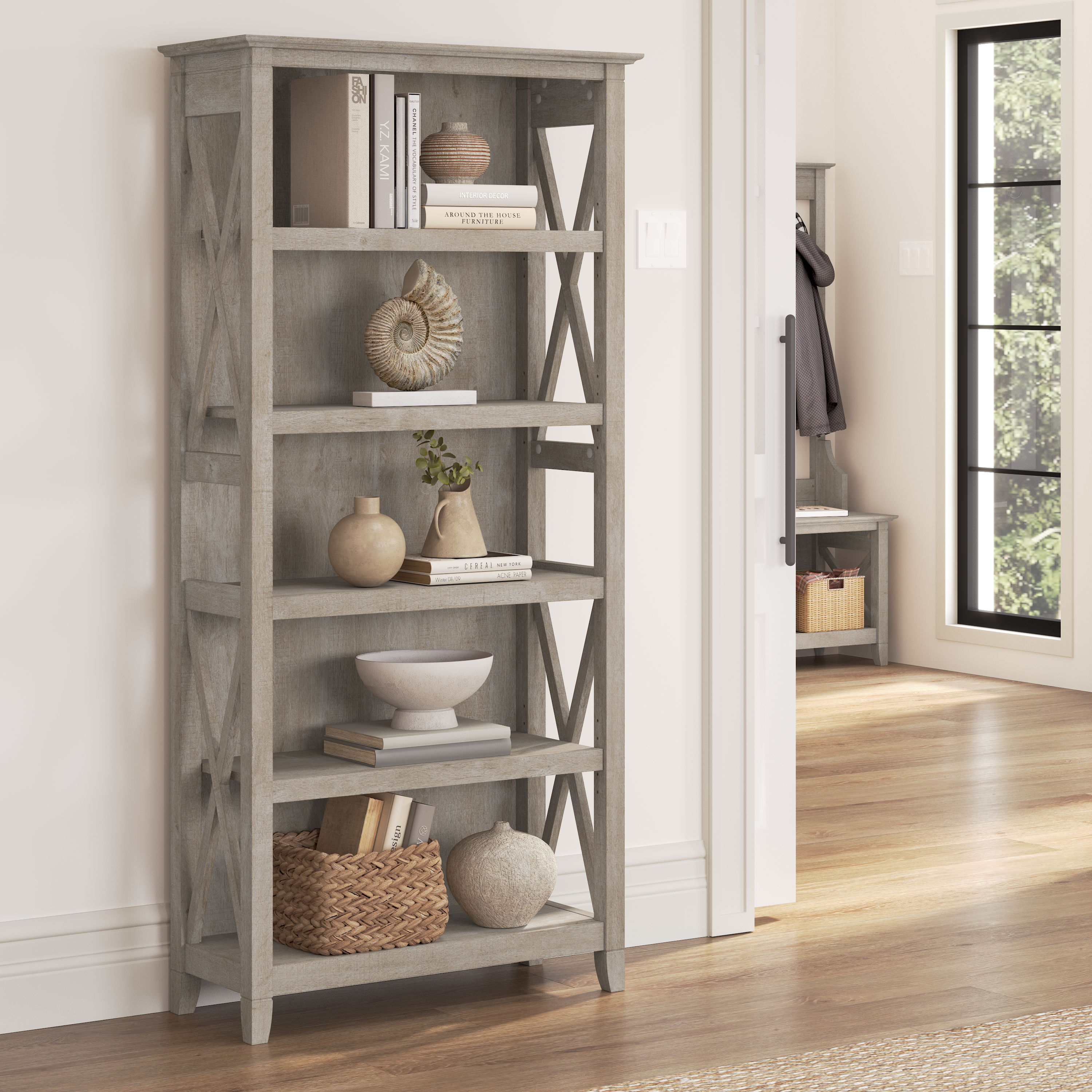 Shop Bush Furniture Key West Tall 5 Shelf Bookcase 01 KWB132WG-03 #color_washed gray