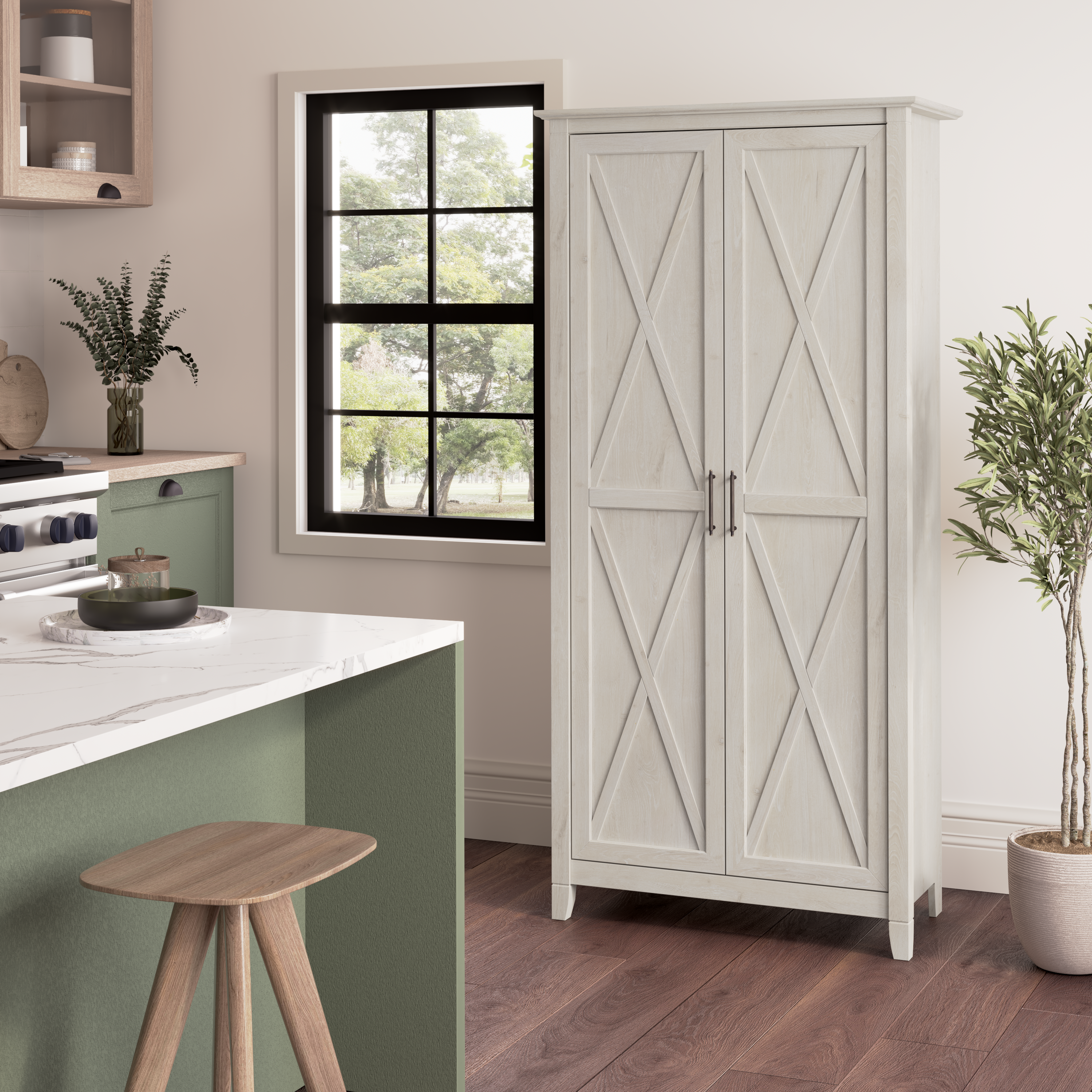 Shop Bush Furniture Key West Tall Kitchen Pantry Cabinet with Doors and Shelves 01 KWS266LW-Z #color_linen white oak/pure white