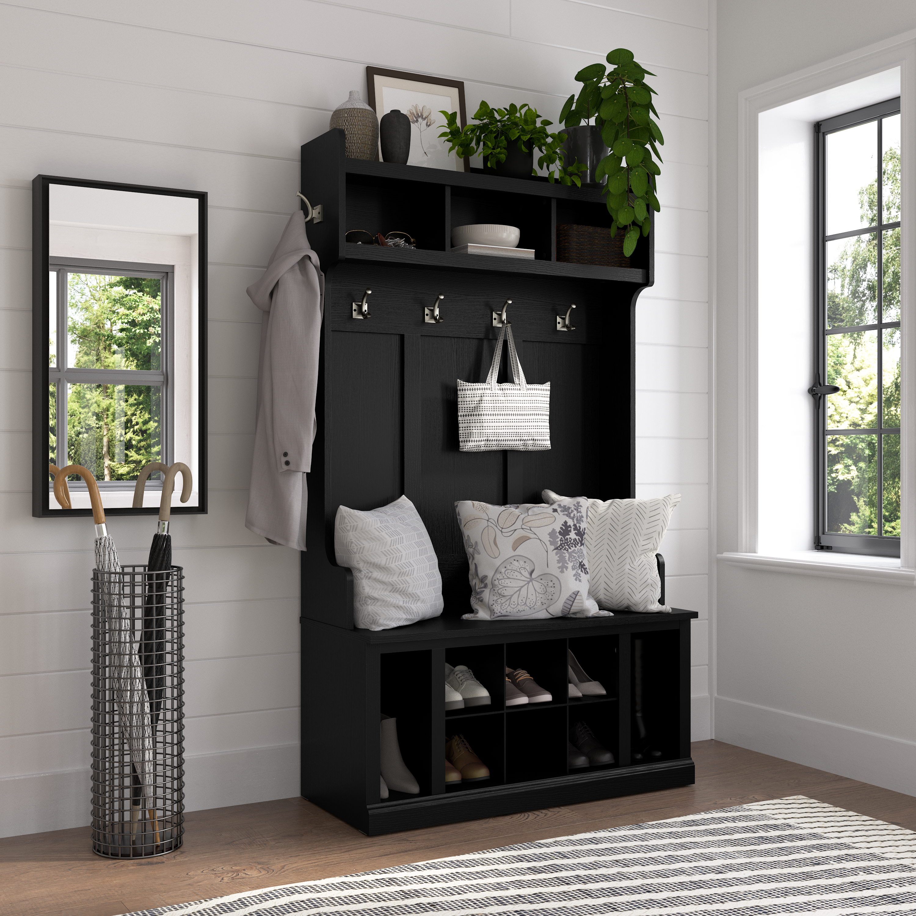 Shop Bush Furniture Woodland 40W Hall Tree and Shoe Storage Bench with Shelves 01 WDL002BS #color_black suede oak