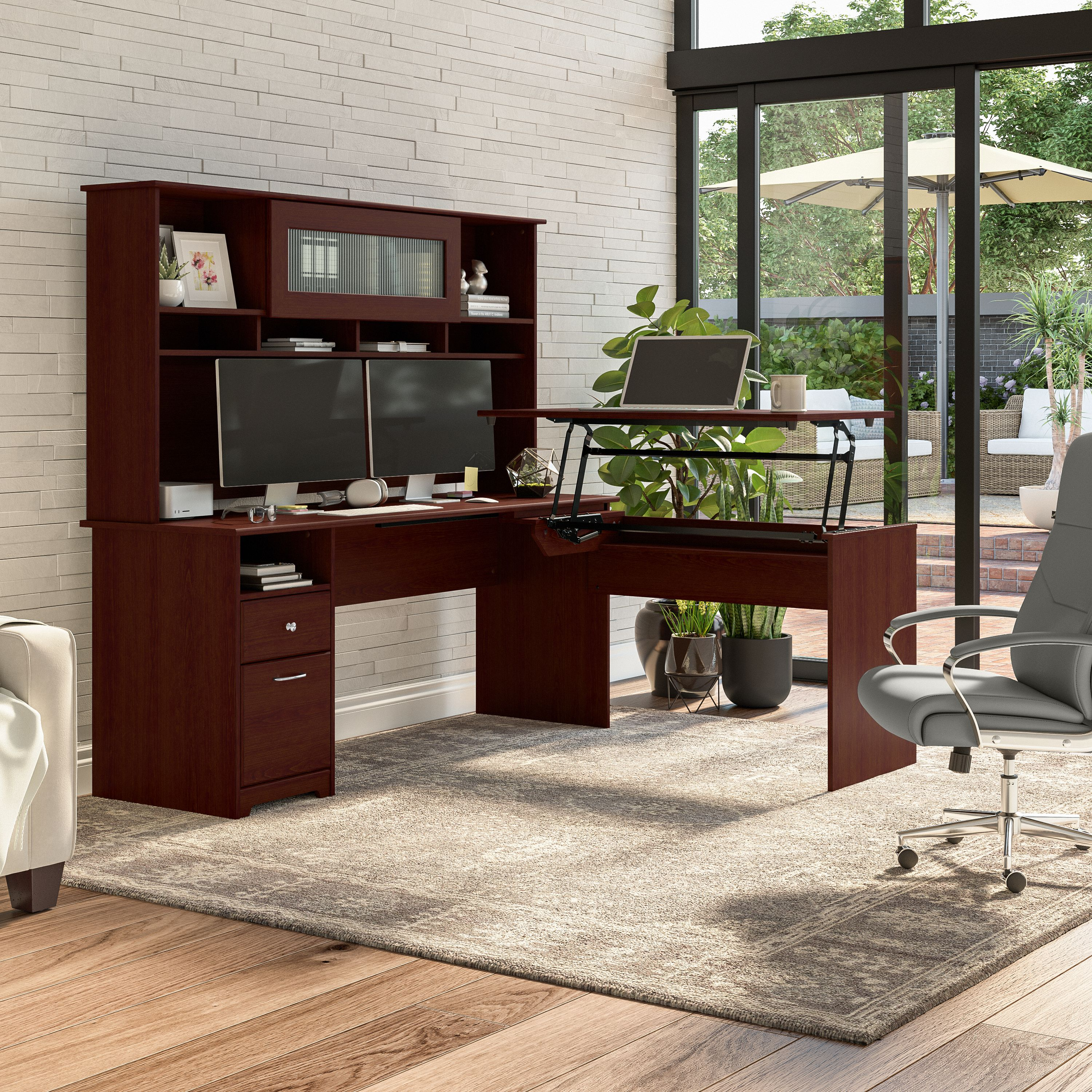 Shop Bush Furniture Cabot 72W 3 Position Sit to Stand L Shaped Desk with Hutch 01 CAB052HVC #color_harvest cherry