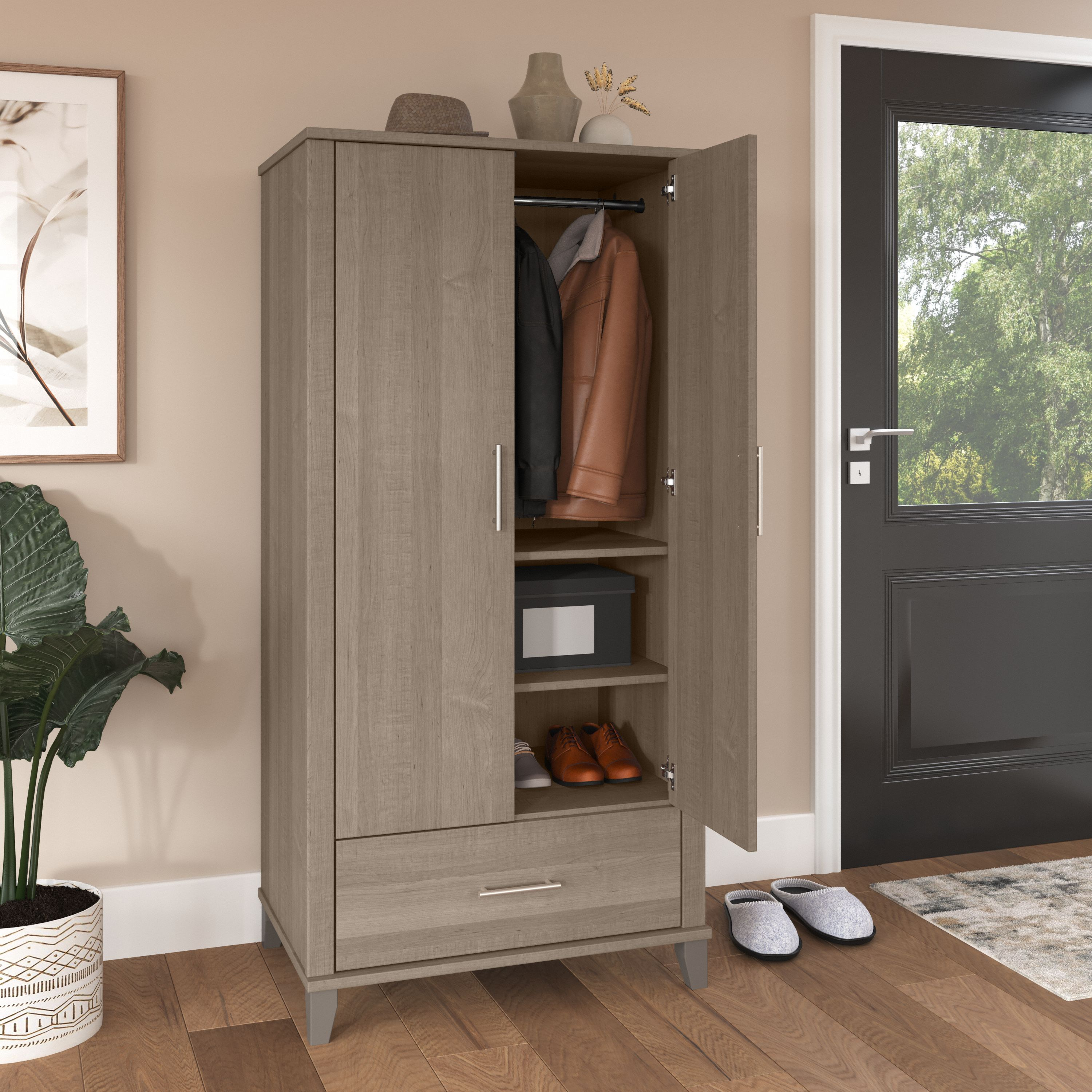 Shop Bush Furniture Somerset Tall Entryway Cabinet with Doors and Drawer 03 STS166AGK-Z1 #color_ash gray