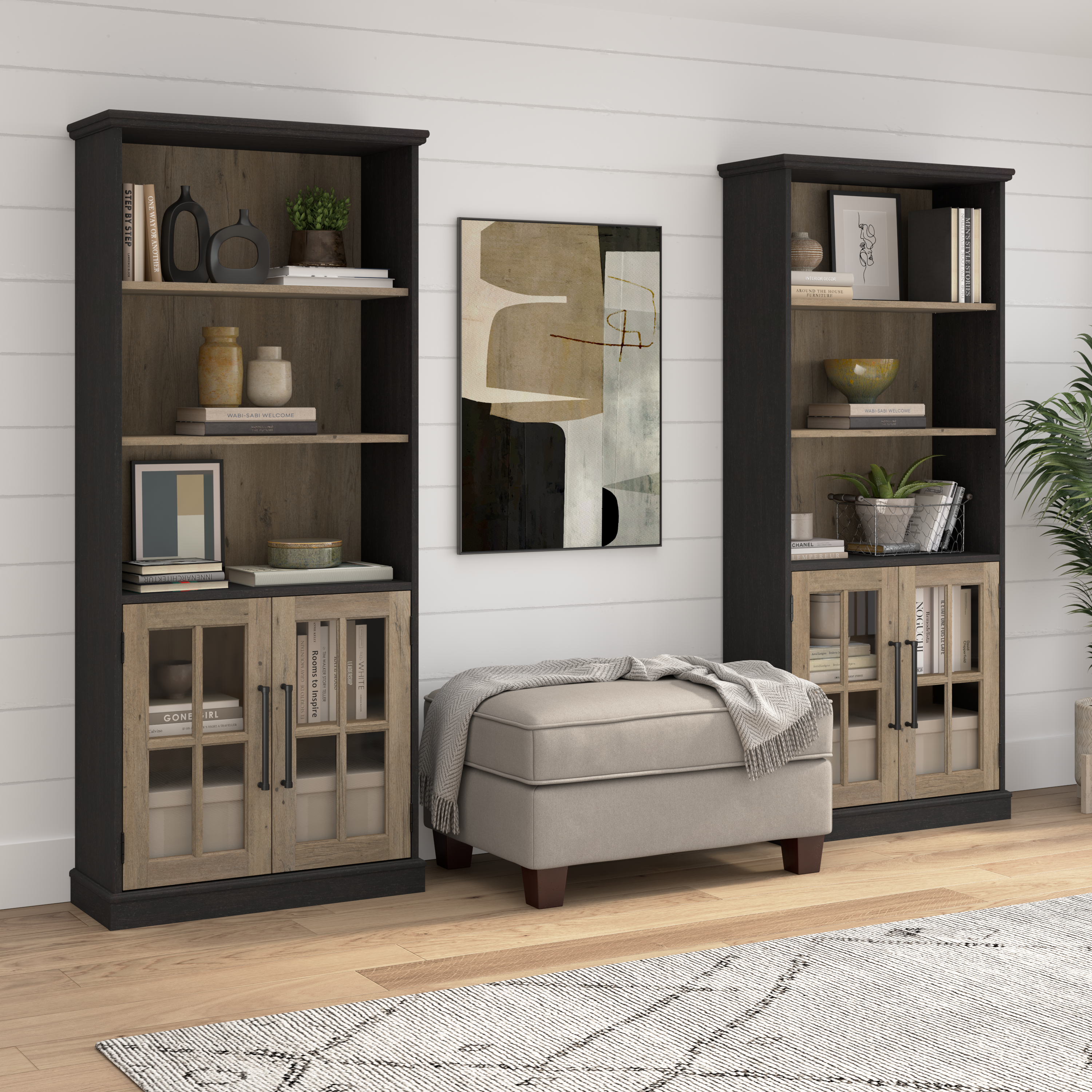 Shop Bush Furniture Westbrook 5 Shelf Bookcase with Glass Doors - Set of 2 01 WBK001V2R #color_vintage black/restored tan hickory