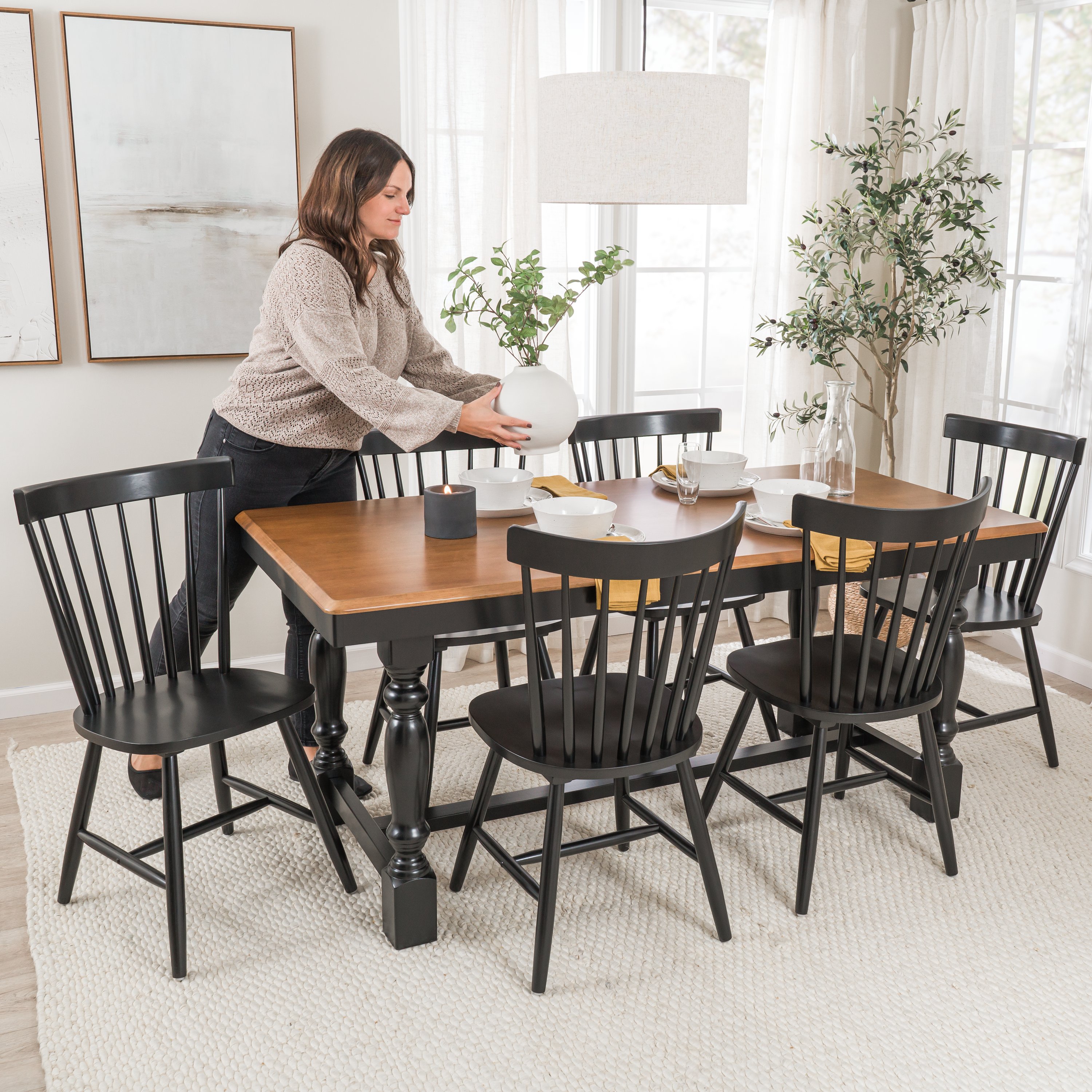 Shop Bush Furniture Sterling 67W Squire Trestle Dining Table with 6 High Back Spindle Dining Chairs 09 STL002BMB #color_burnished medium brown/black paint