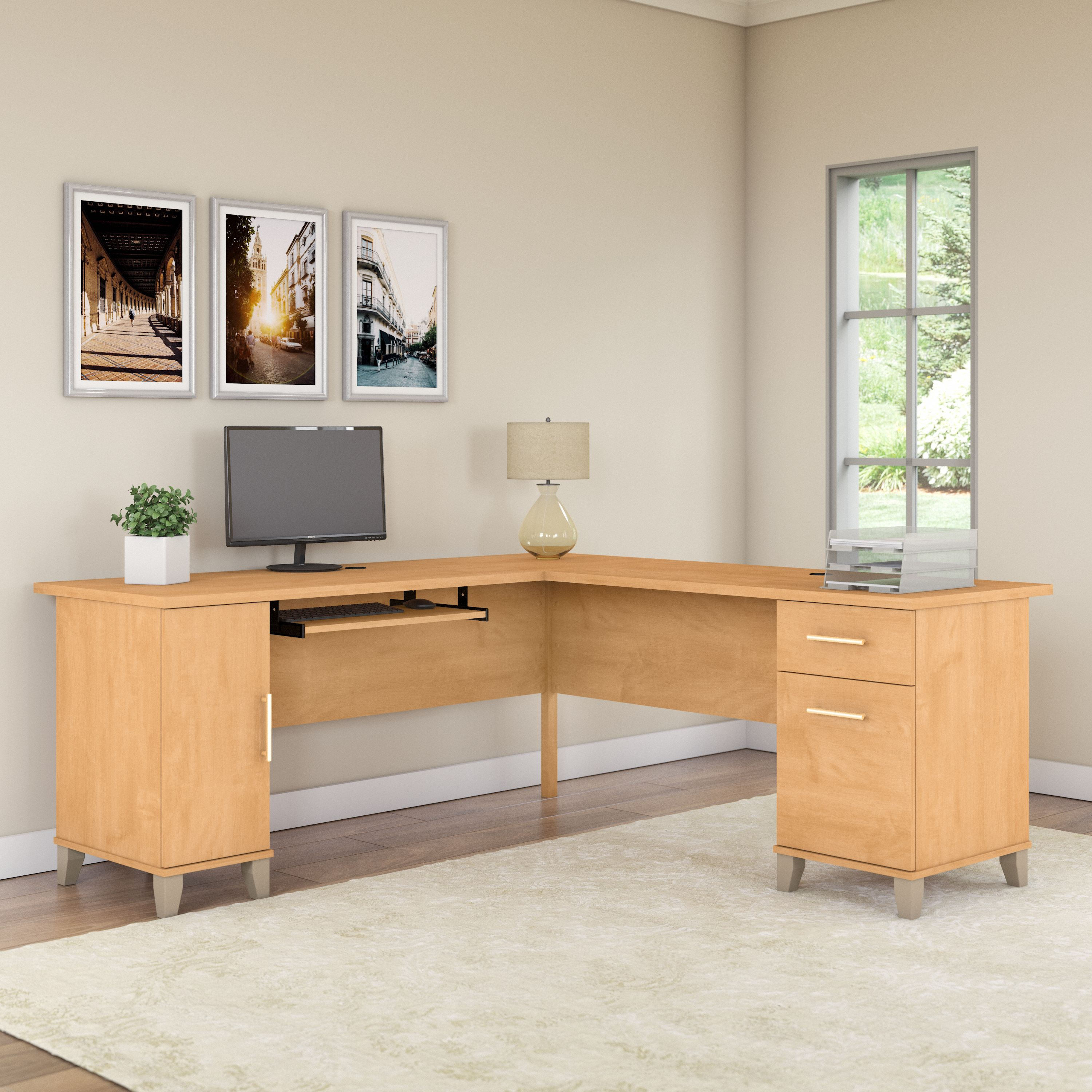 Shop Bush Furniture Somerset 72W L Shaped Desk with Storage 01 WC81410K #color_maple cross/white