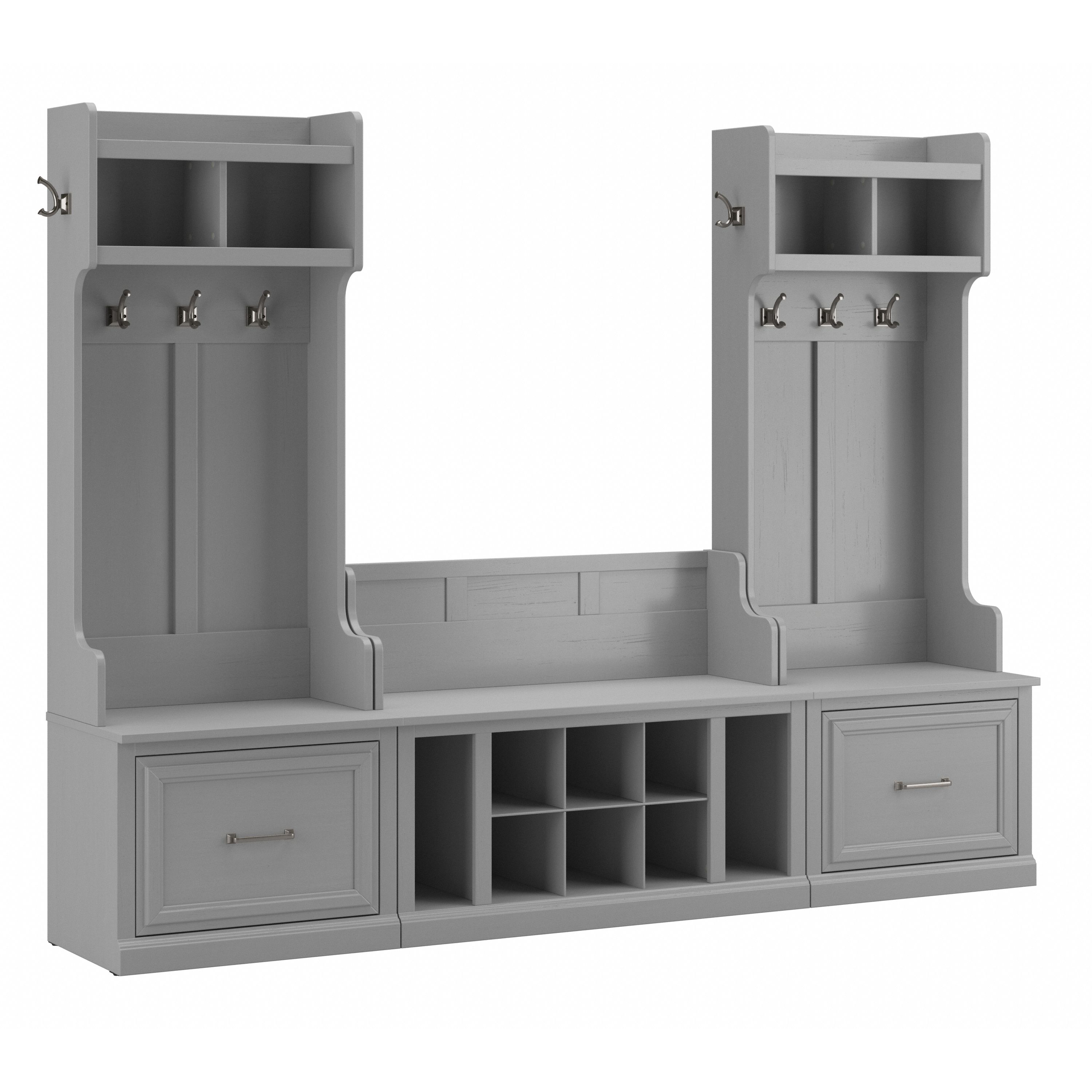 Shop Bush Furniture Woodland Entryway Storage Set with Hall Trees and Shoe Bench with Drawers 02 WDL012CG #color_cape cod gray