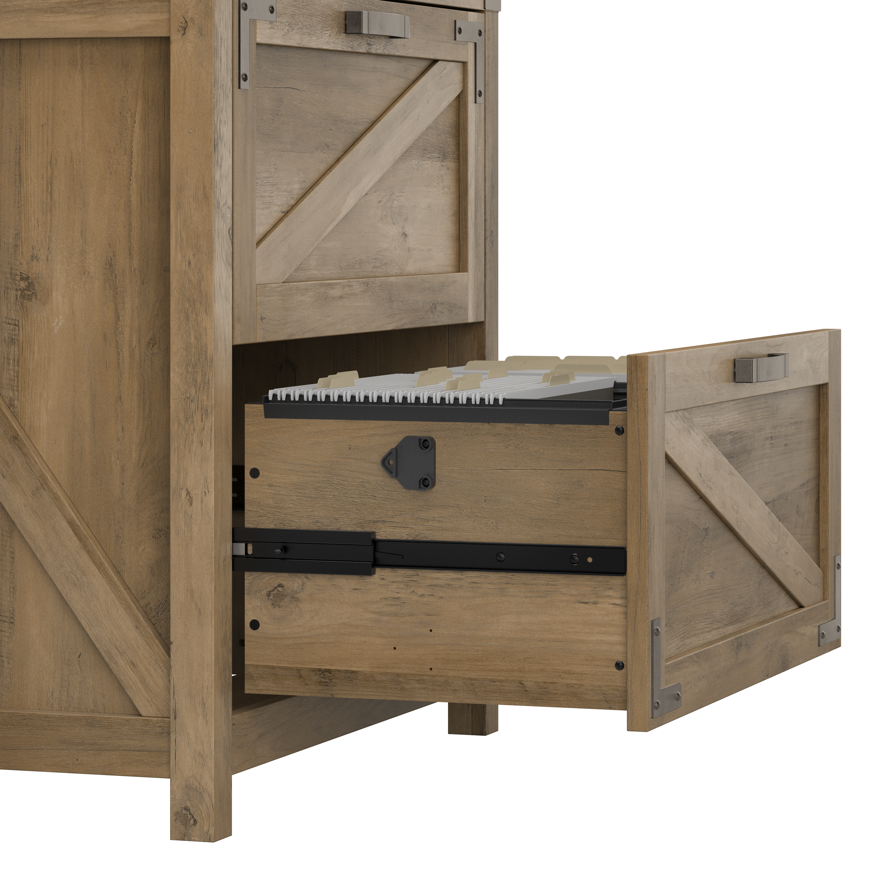 Shop Bush Furniture Knoxville 60W L Shaped Desk with Lateral File Cabinet and 5 Shelf Bookcase 08 CGR005RCP #color_reclaimed pine