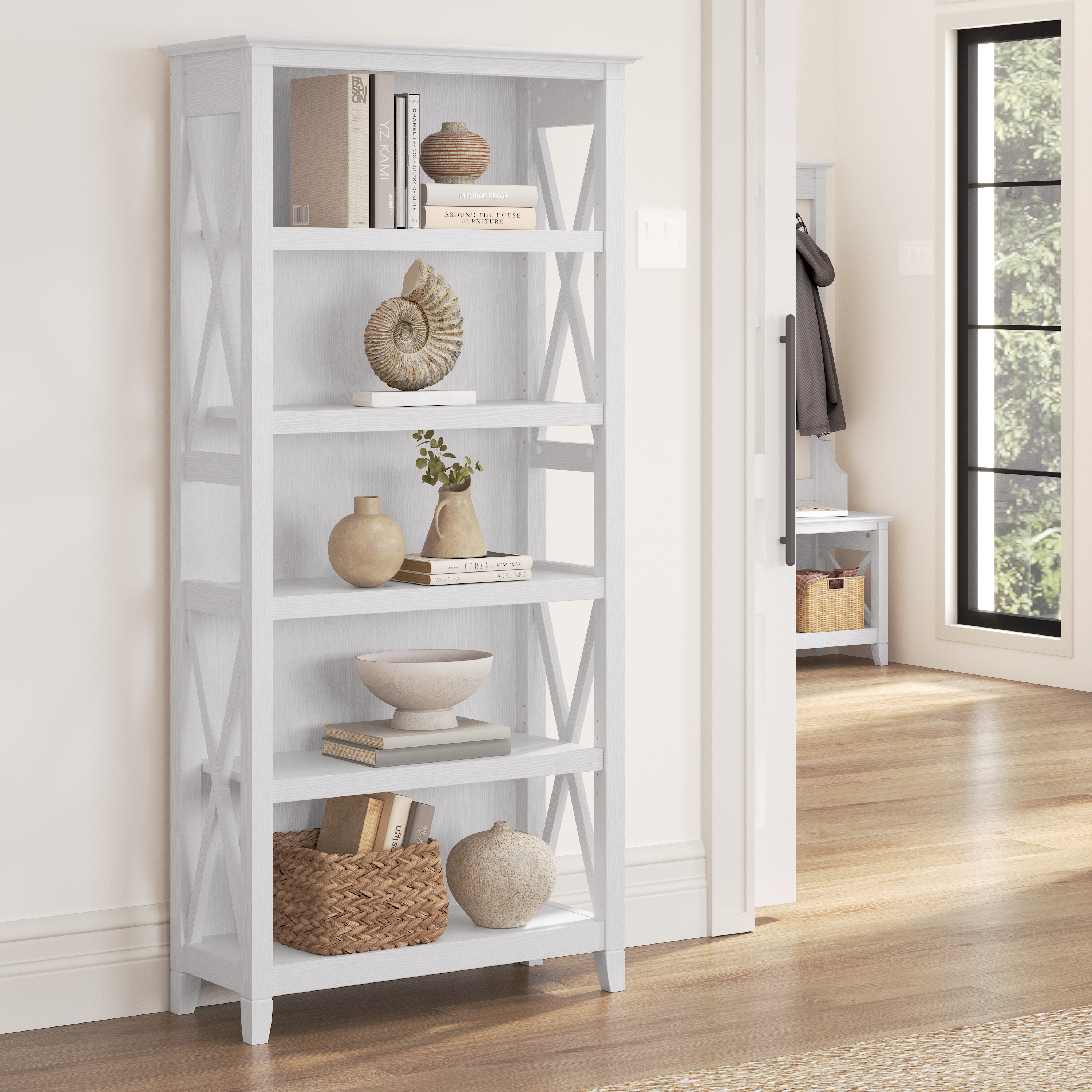 Shop Bush Furniture Key West Tall 5 Shelf Bookcase 01 KWB132WT-03 #color_pure white oak