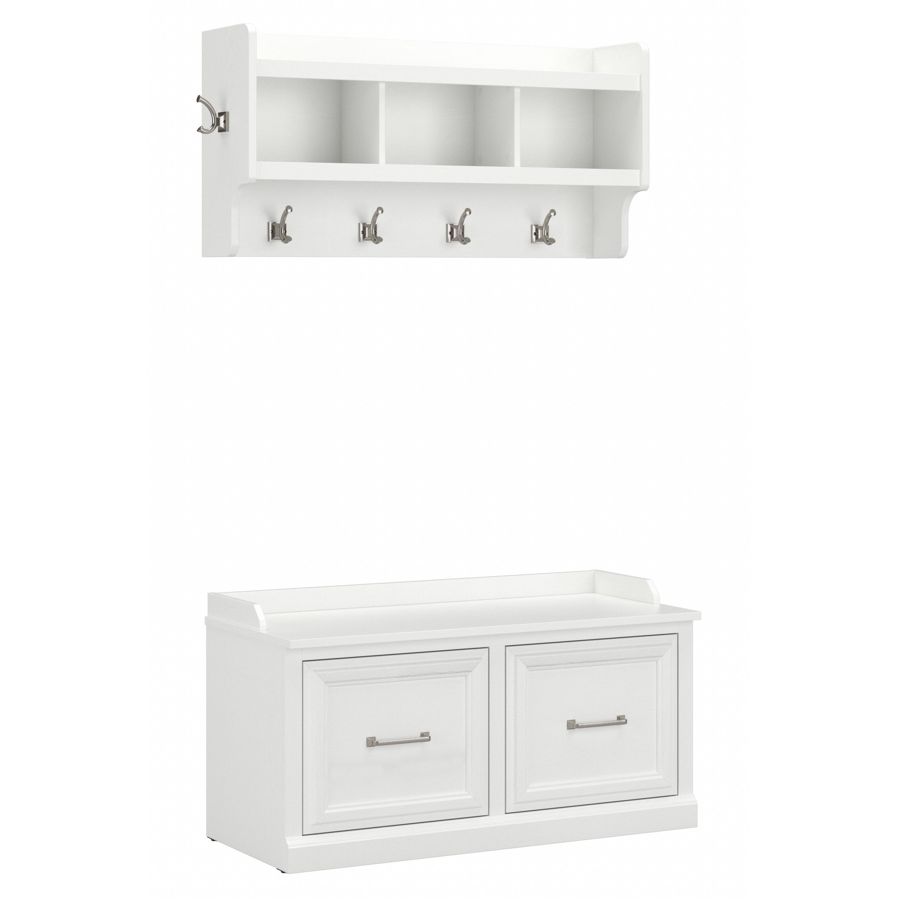 Shop Bush Furniture Woodland 40W Shoe Storage Bench with Doors and Wall Mounted Coat Rack 02 WDL003WAS #color_white ash