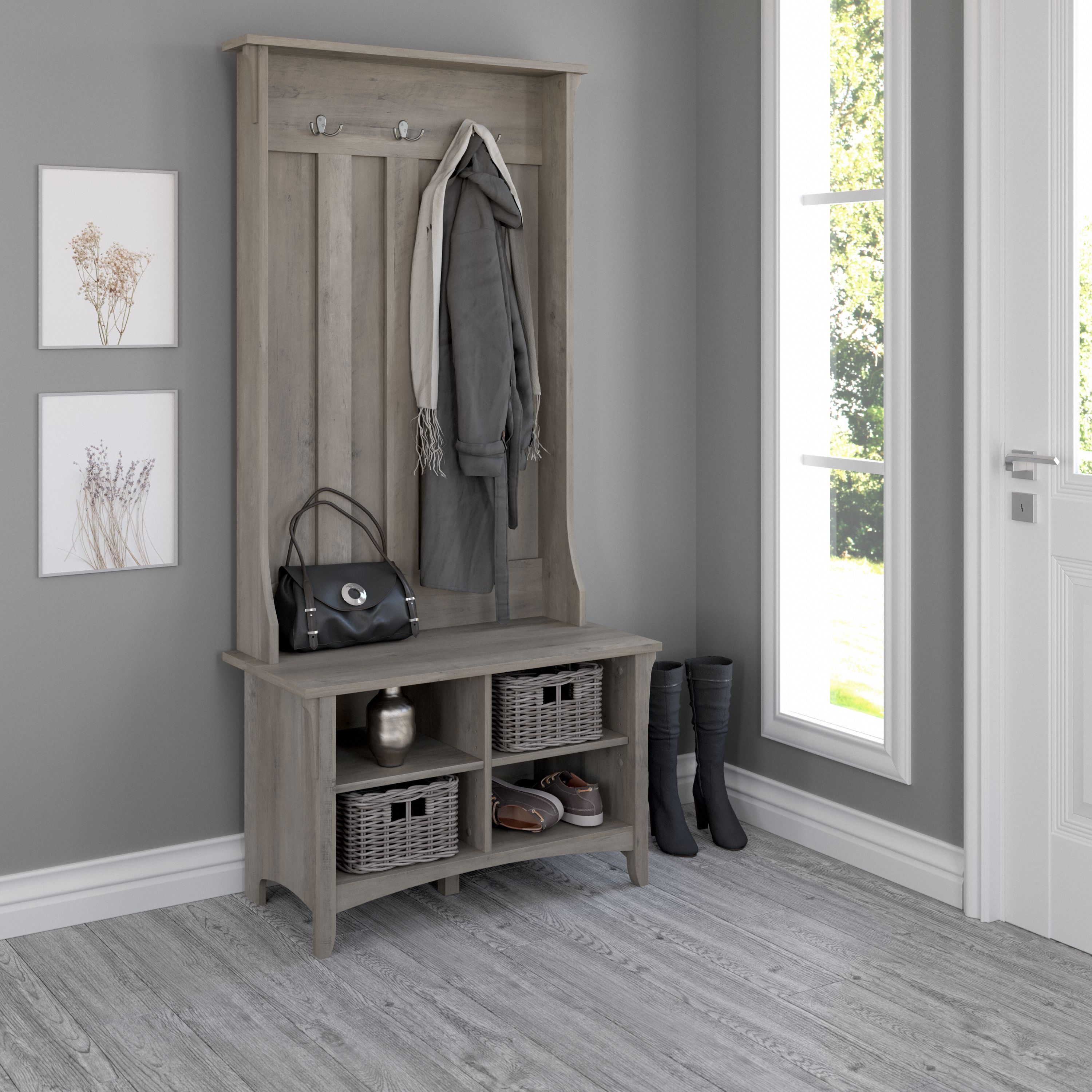 Shop Bush Furniture Salinas Hall Tree with Shoe Storage Bench 01 SAS532DG-03 #color_driftwood gray