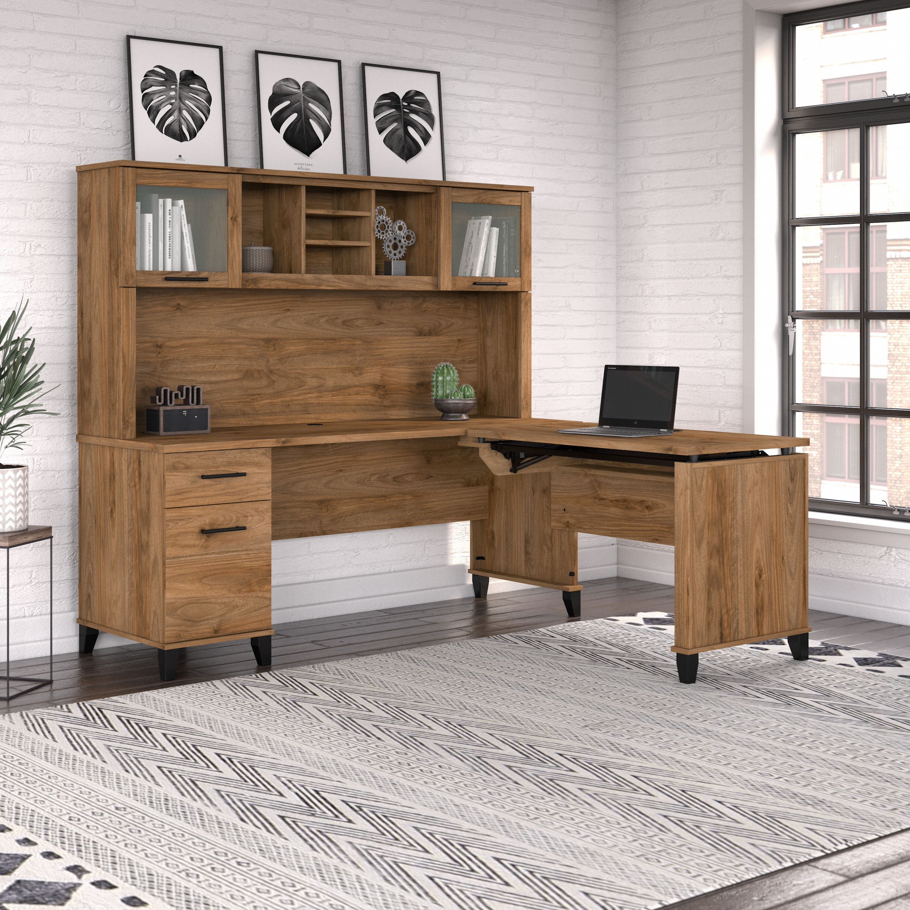 Shop Bush Furniture Somerset 72W 3 Position Sit to Stand L Shaped Desk with Hutch 03 SET015FW #color_fresh walnut