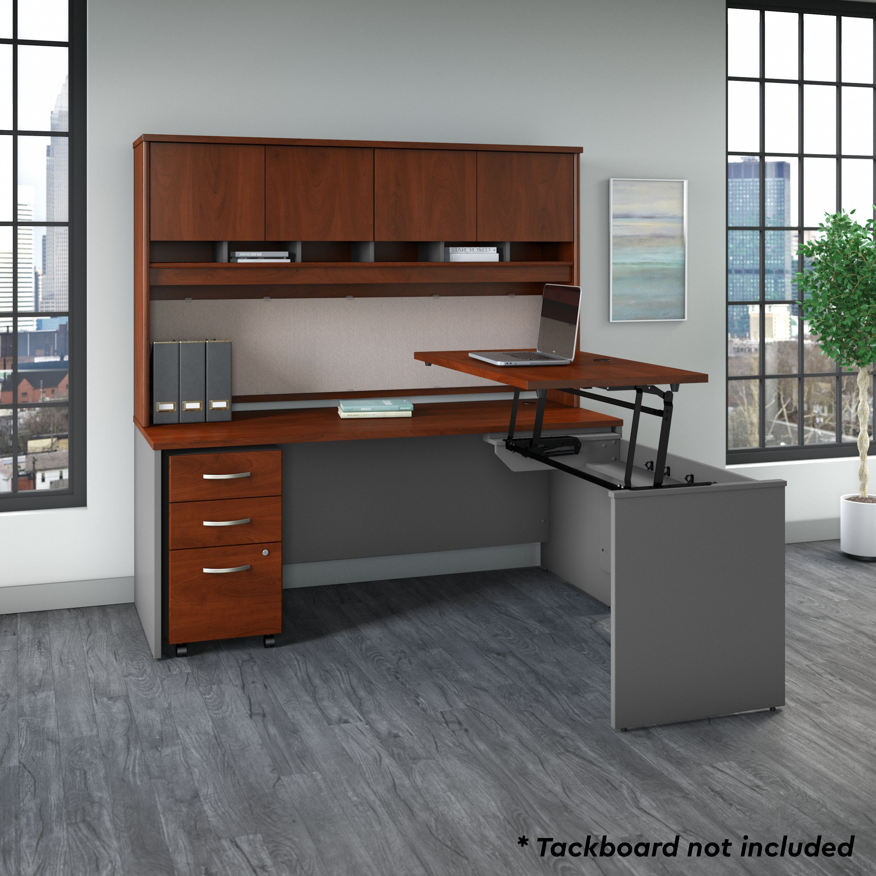 Shop Bush Business Furniture Series C 72W x 30D 3 Position Sit to Stand L Shaped Desk with Hutch and Mobile File Cabinet 01 SRC124HCSU #color_hansen cherry/graphite gray