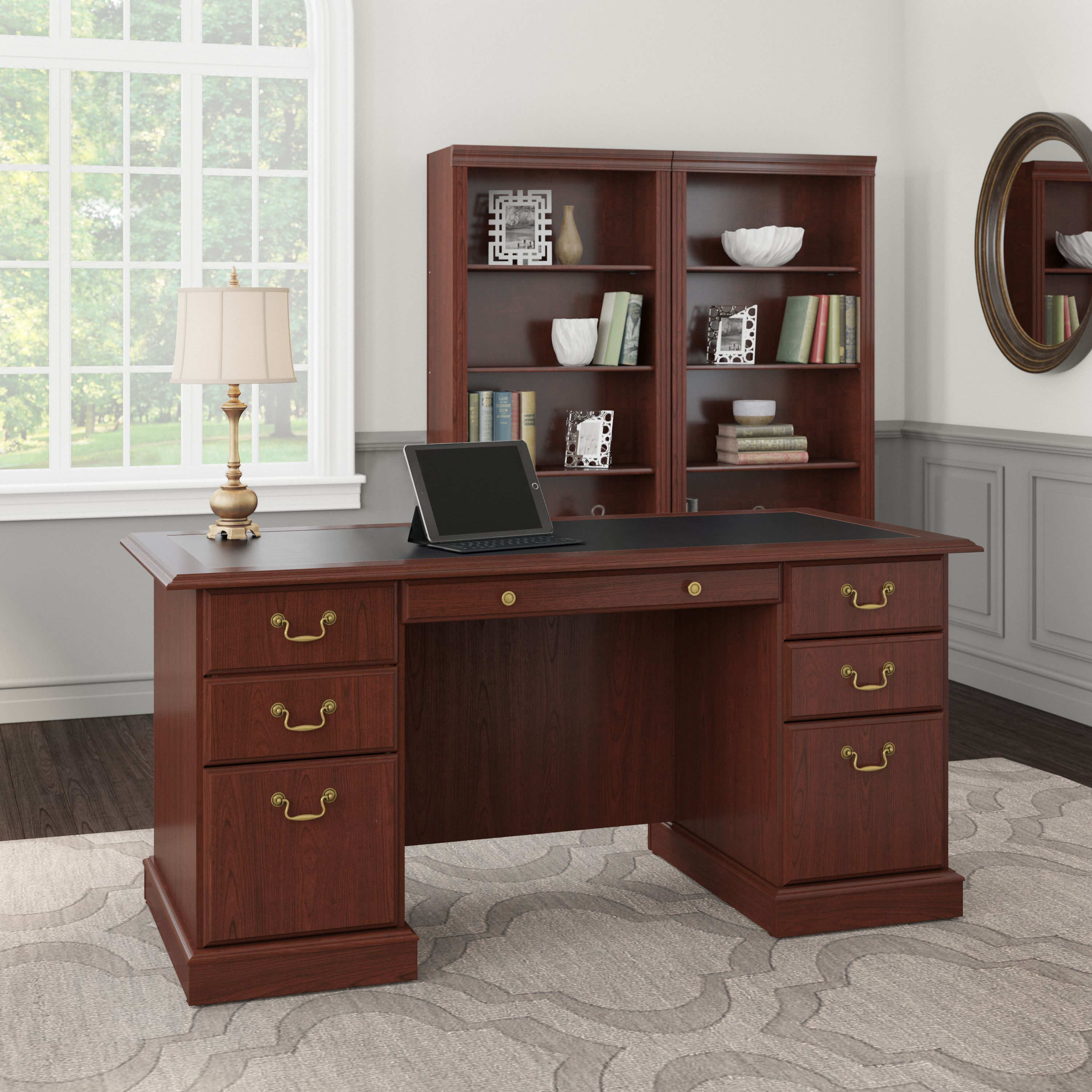 Shop Bush Furniture Saratoga Executive Desk and Bookcase Set 01 SAR003CS #color_harvest cherry/black