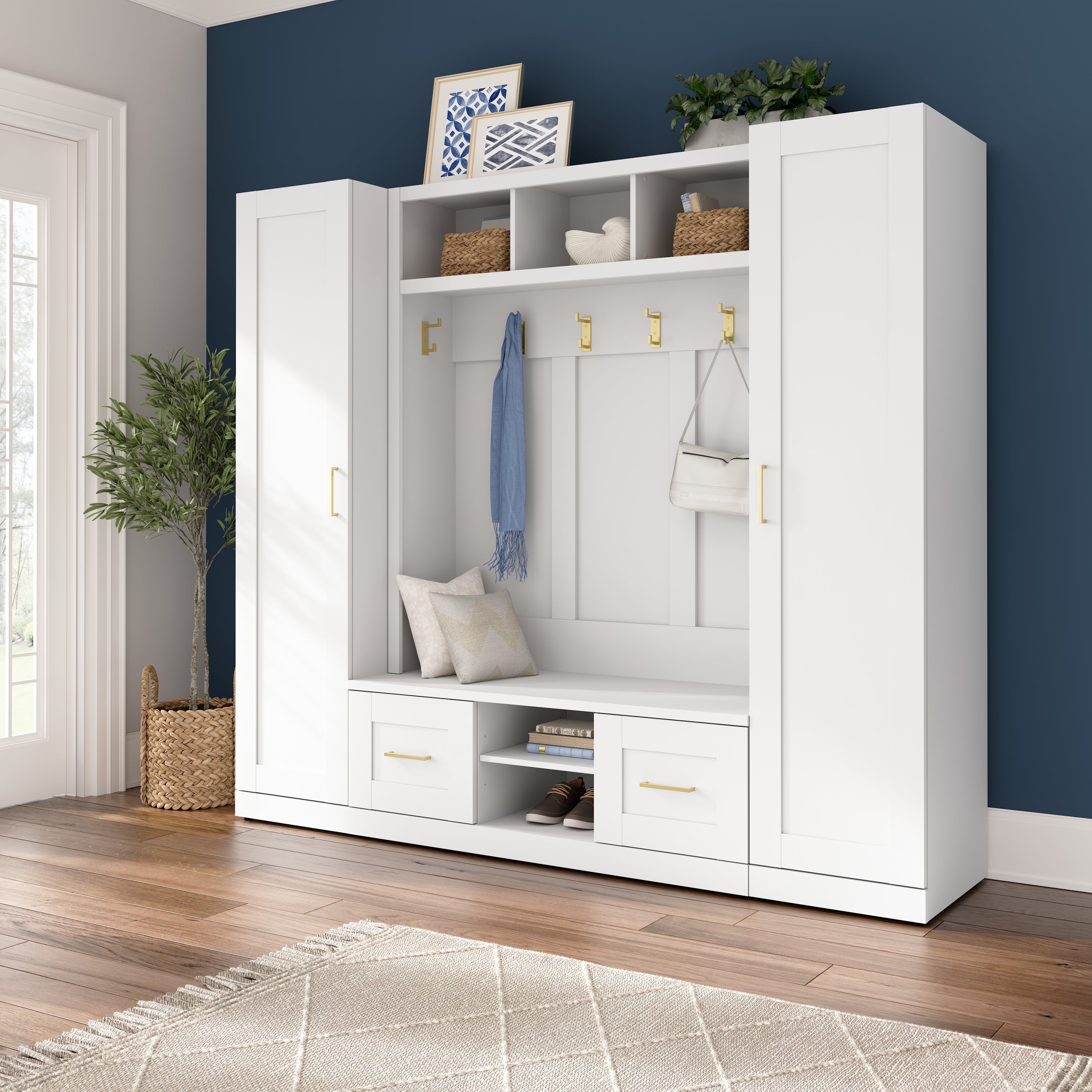 Shop Bush Furniture Hampton Heights Full Entryway Storage Set with Hall Tree, Shoe Bench with Doors and Narrow Cabinets 05 HHS015WH #color_white