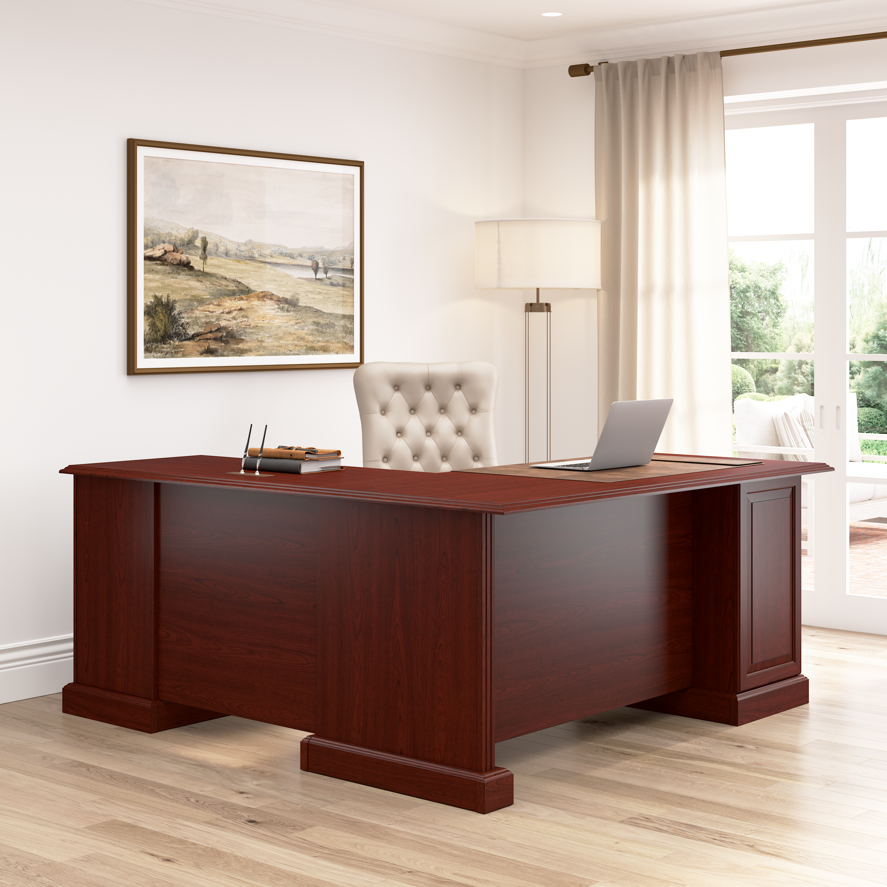 Shop Bush Business Furniture Arlington L Shaped Desk with Drawers and Keyboard Tray 03 WC65570-03K #color_harvest cherry