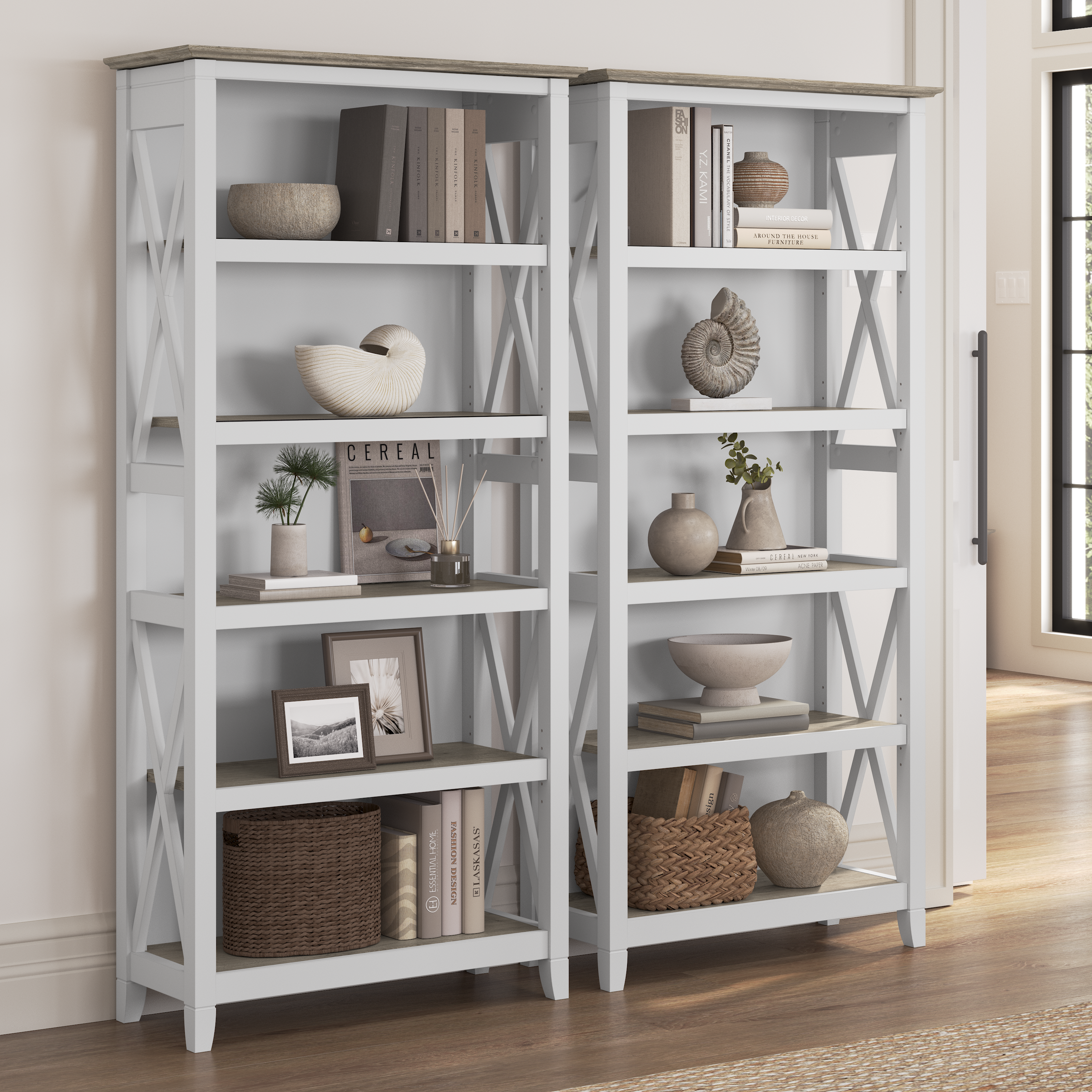 Shop Bush Furniture Key West 5 Shelf Bookcase Set 01 KWS046G2W #color_shiplap gray/pure white