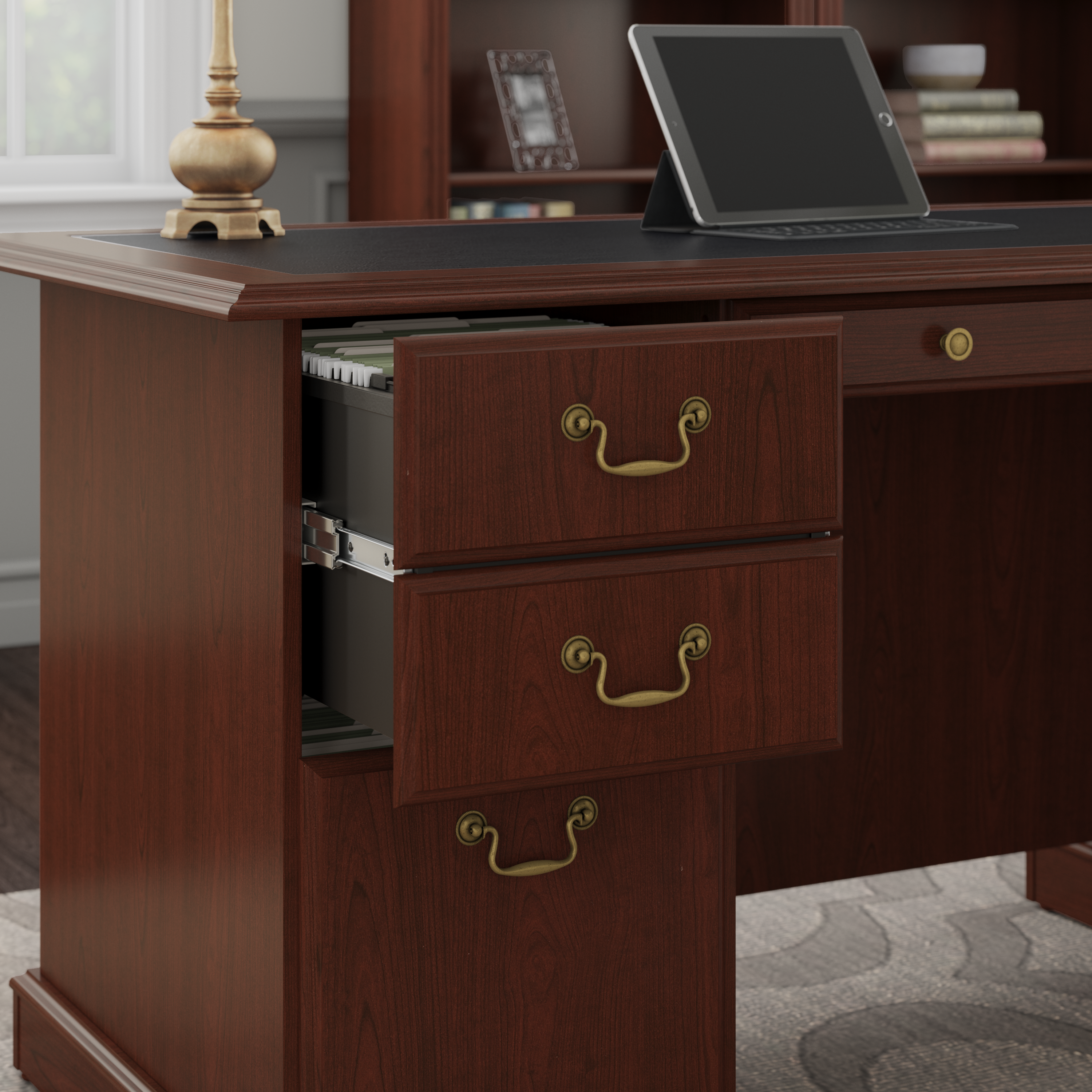 Shop Bush Furniture Saratoga Executive Desk with Drawers 03 EX45666-03K #color_harvest cherry/black
