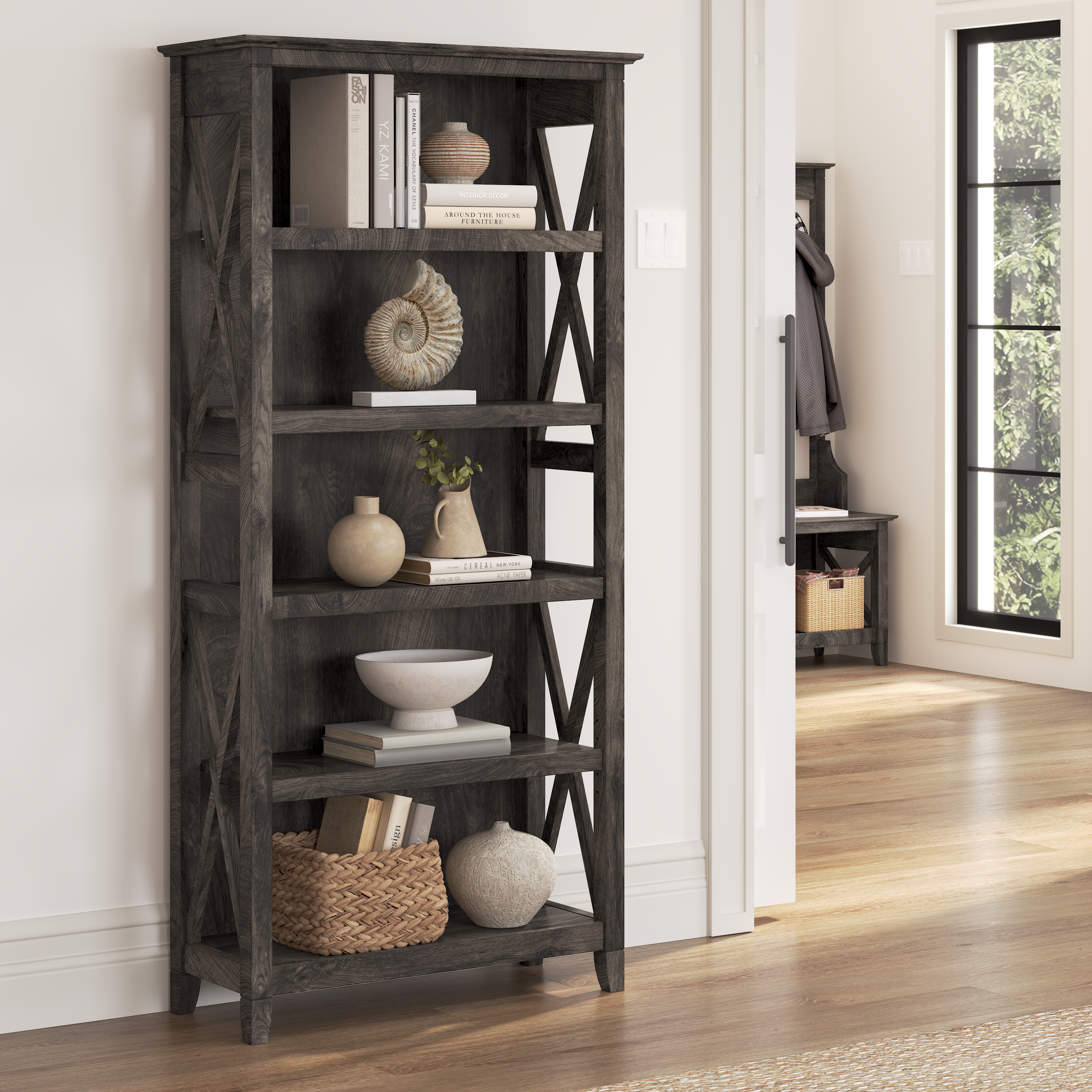 Shop Bush Furniture Key West Tall 5 Shelf Bookcase 01 KWB132GH-03 #color_dark gray hickory