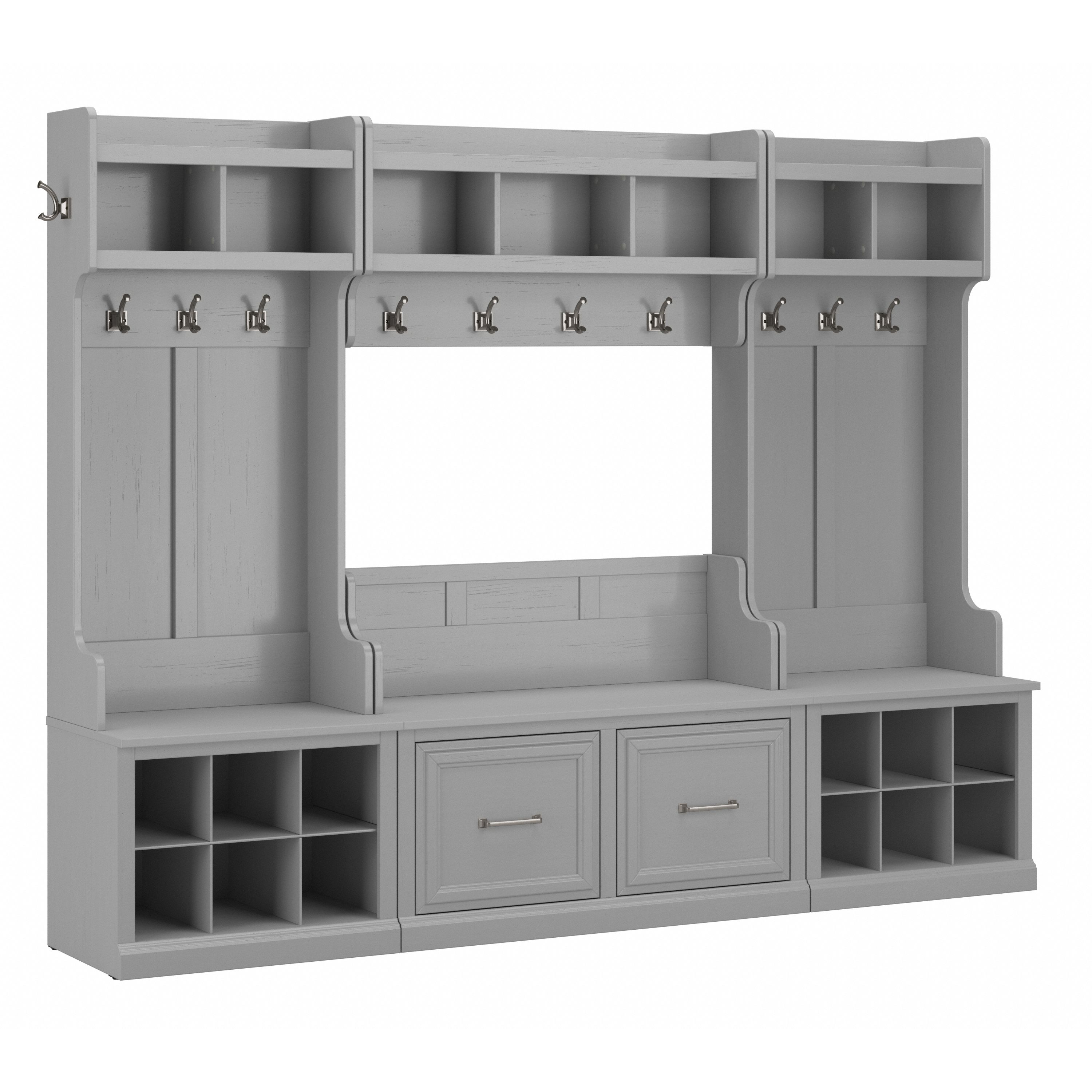 Shop Bush Furniture Woodland Full Entryway Storage Set with Coat Rack and Shoe Bench with Doors 02 WDL013CG #color_cape cod gray