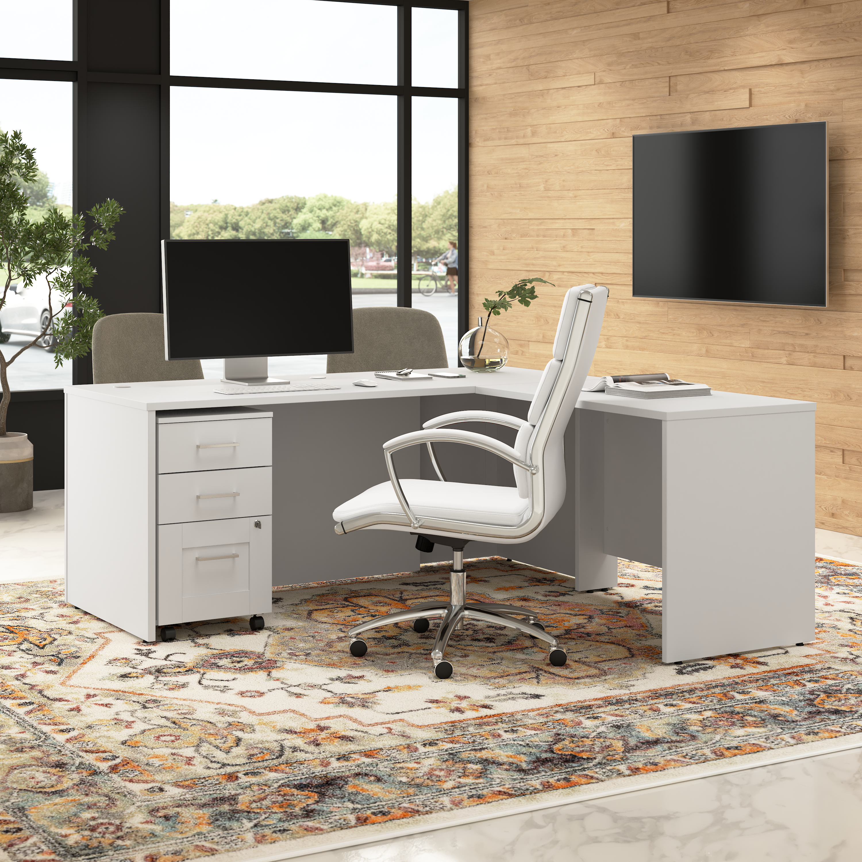 Shop Bush Business Furniture Hampton Heights 72W x 30D Executive L-Shaped Desk with 3 Drawer Mobile File Cabinet 03 HHD001WH #color_white