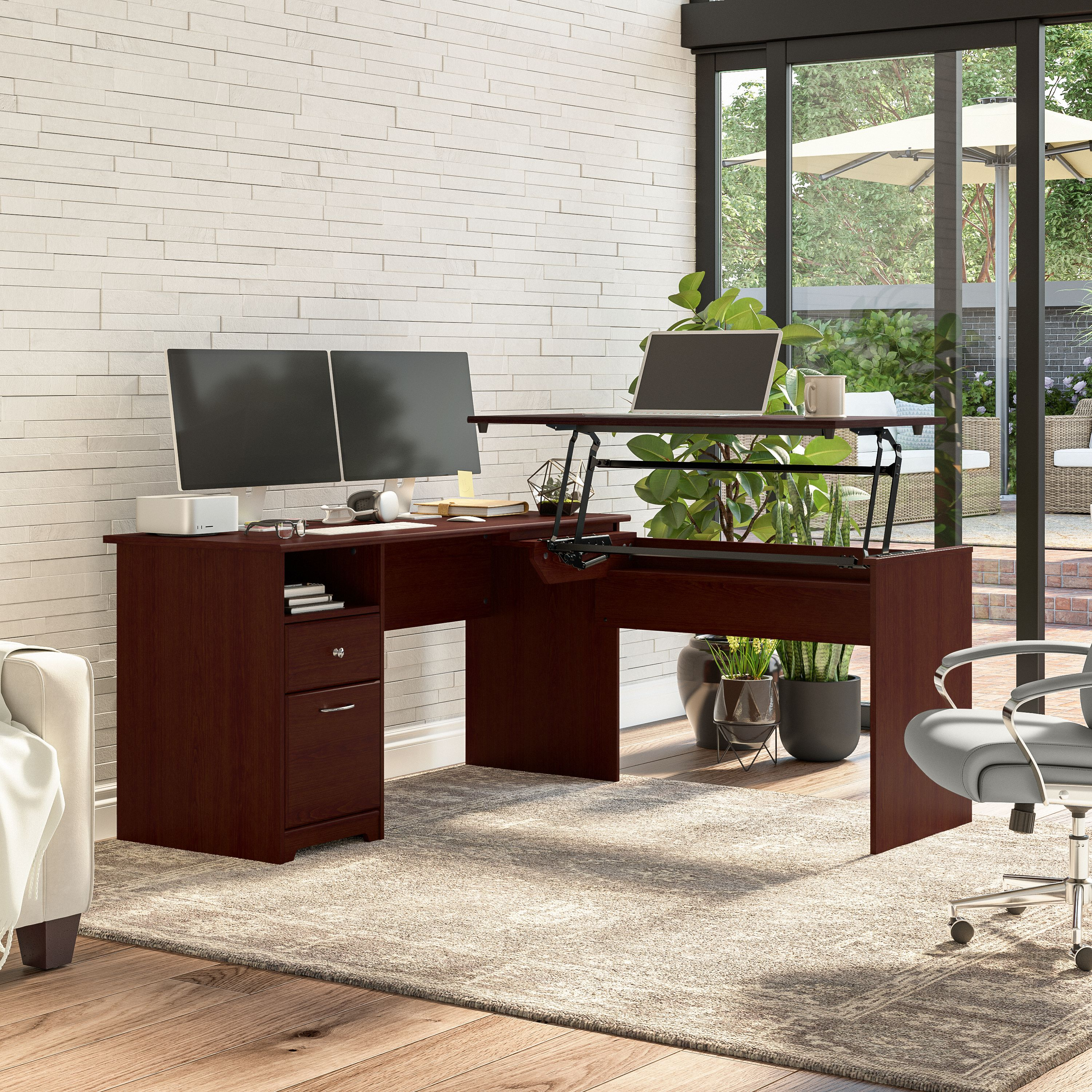 Shop Bush Furniture Cabot 60W 3 Position Sit to Stand L Shaped Desk 01 CAB043HVC #color_harvest cherry