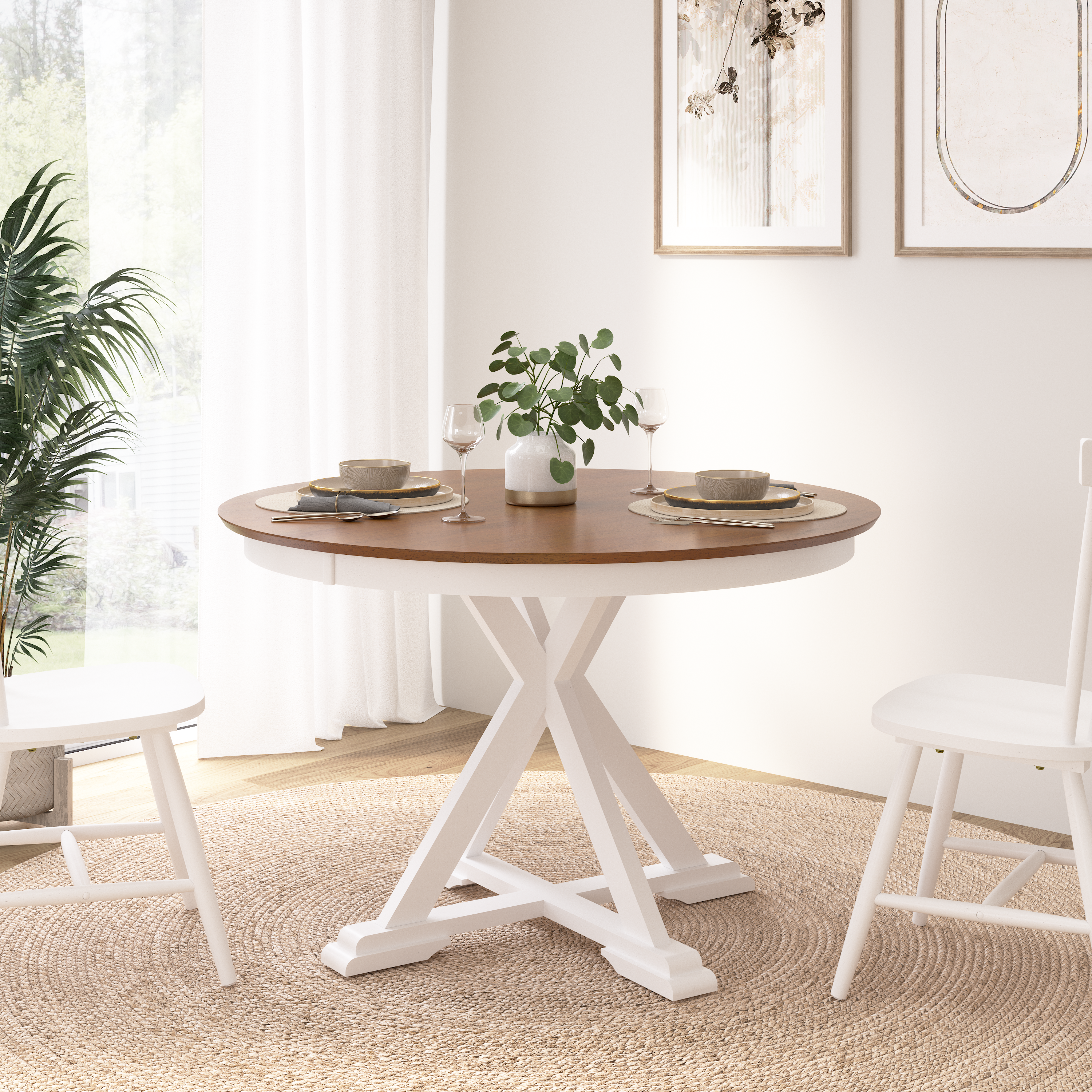 Shop Bush Furniture West End 45W Round Trestle Dining Table 01 WET01BMW-03 #color_burnished medium brown/white paint