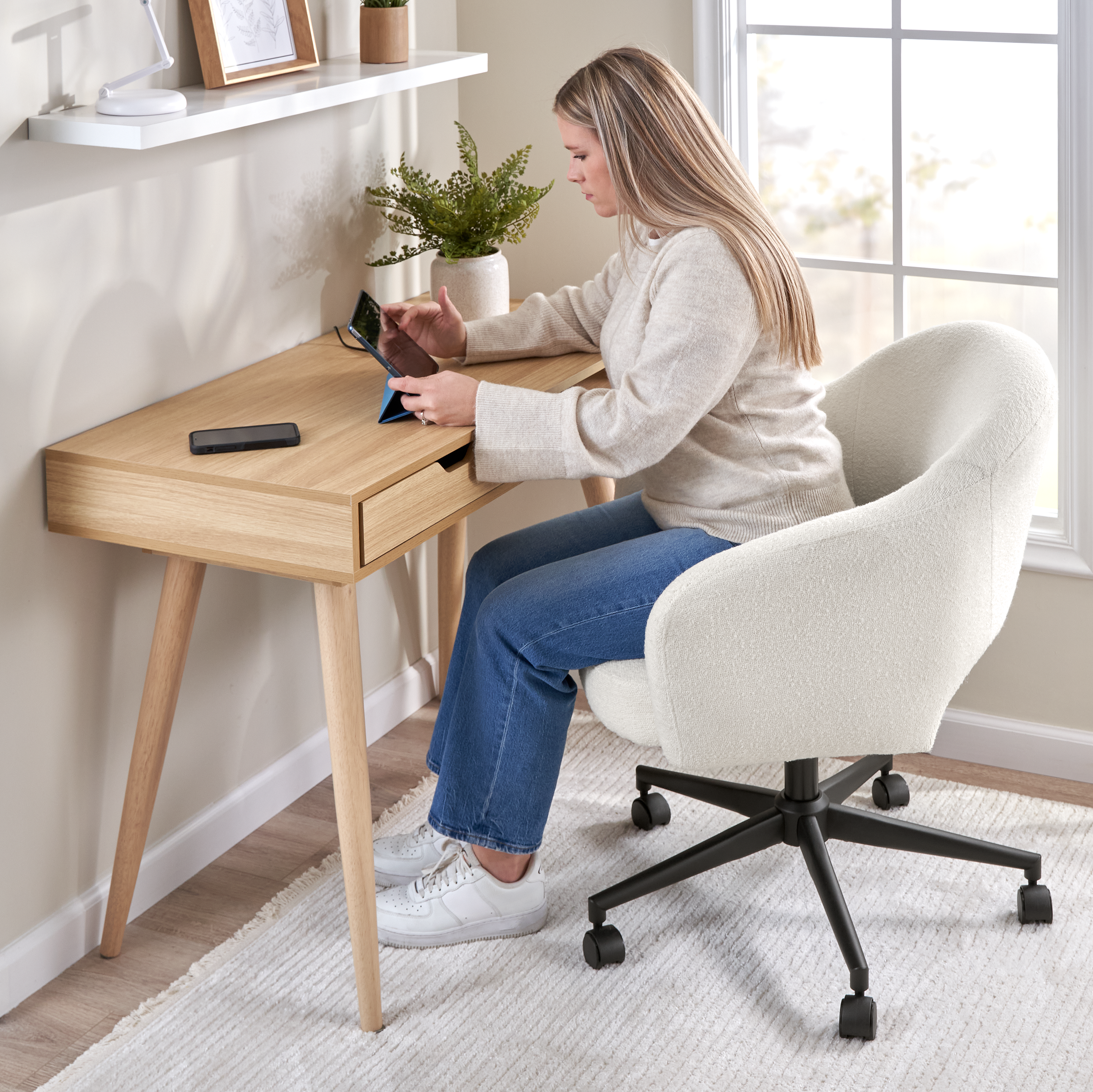 Shop Bush Furniture Fairfax Mid Century Modern Desk Chair for Home Office 03 CH4401LCF-03 #color_light cream fabric