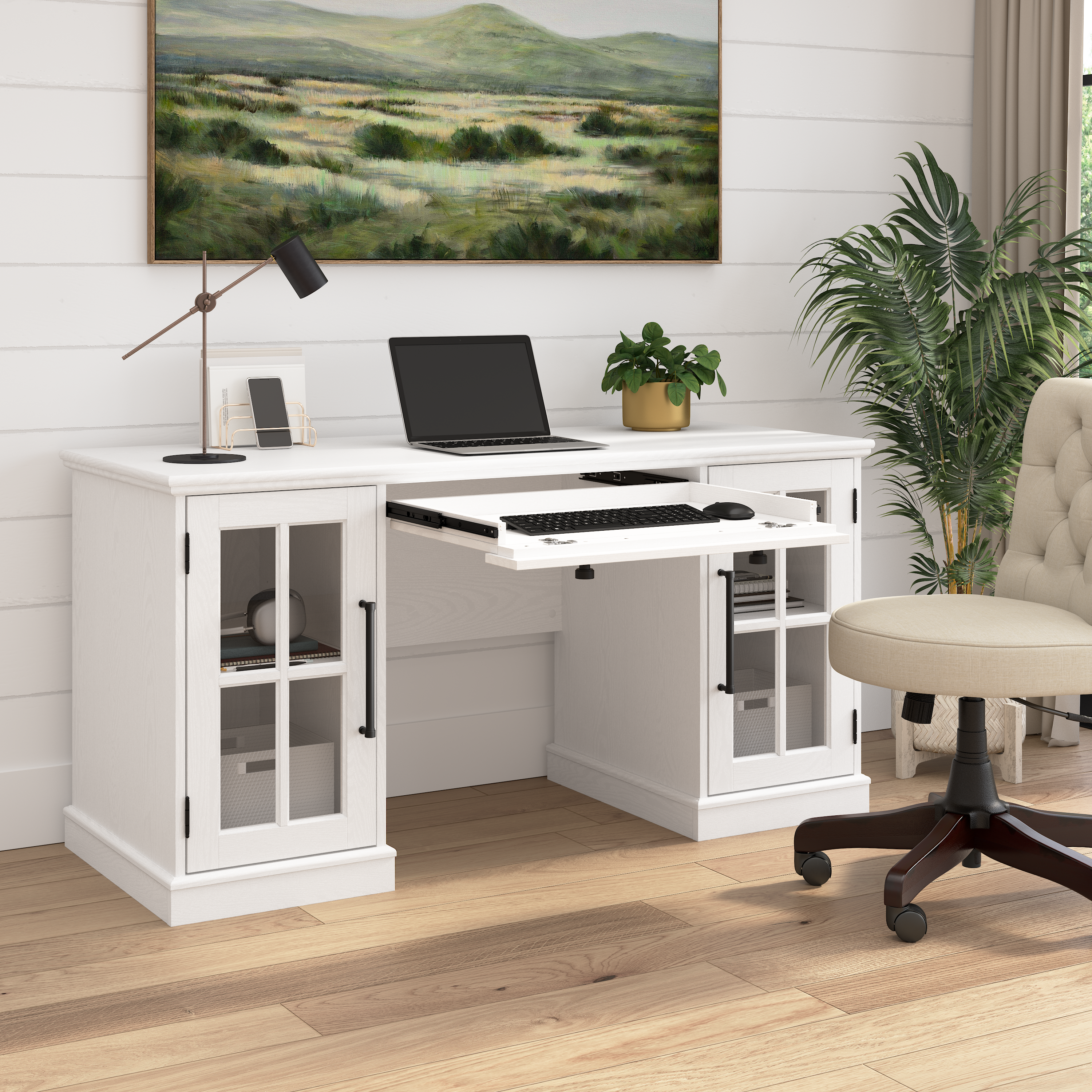 Shop Bush Furniture Westbrook 60W Computer Desk with Storage and Keyboard Tray 03 WBD160WAS-03K #color_white ash