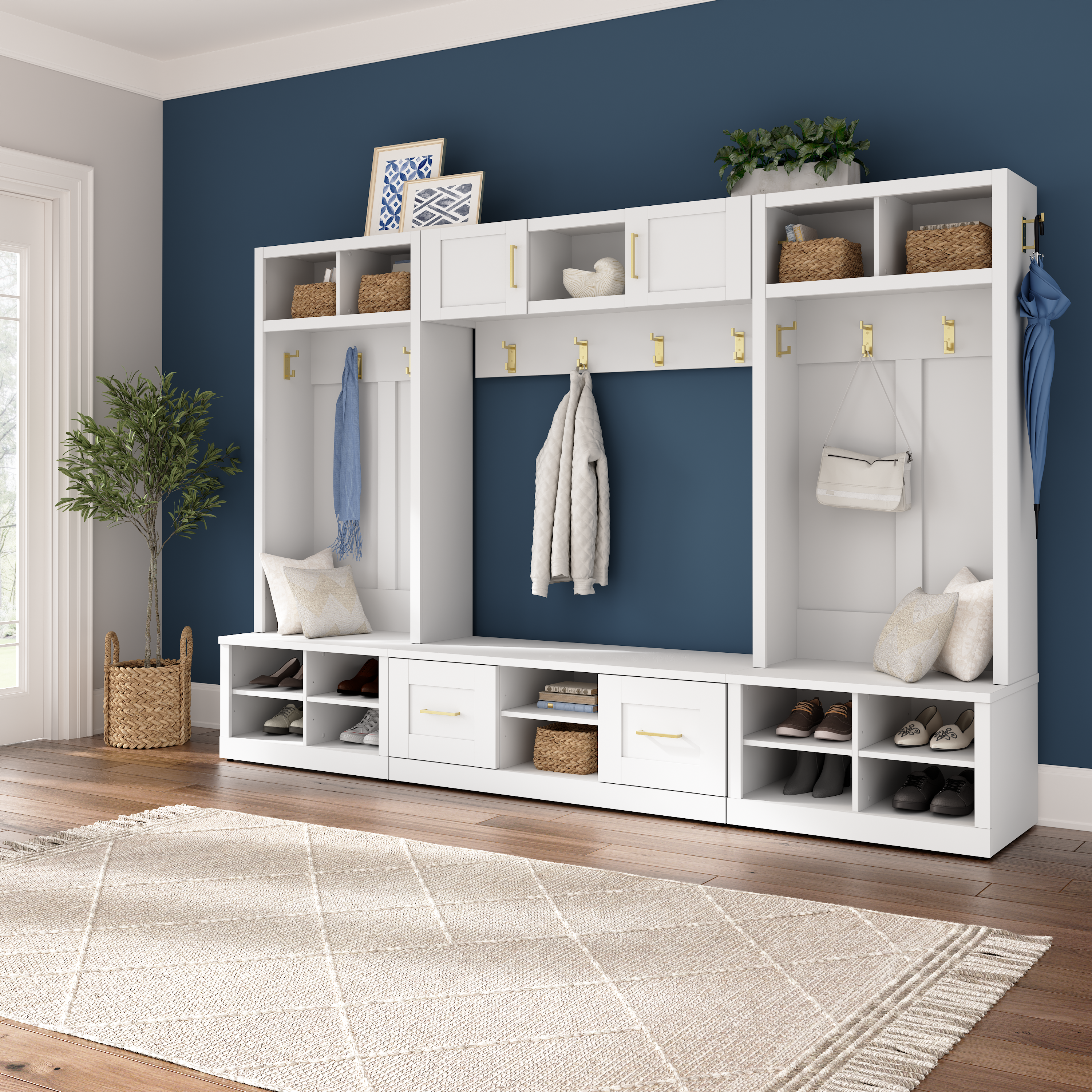 Shop Bush Furniture Hampton Heights Entryway Storage Set with 30W Hall Tree and Shoe Bench 05 HHS002WH #color_white