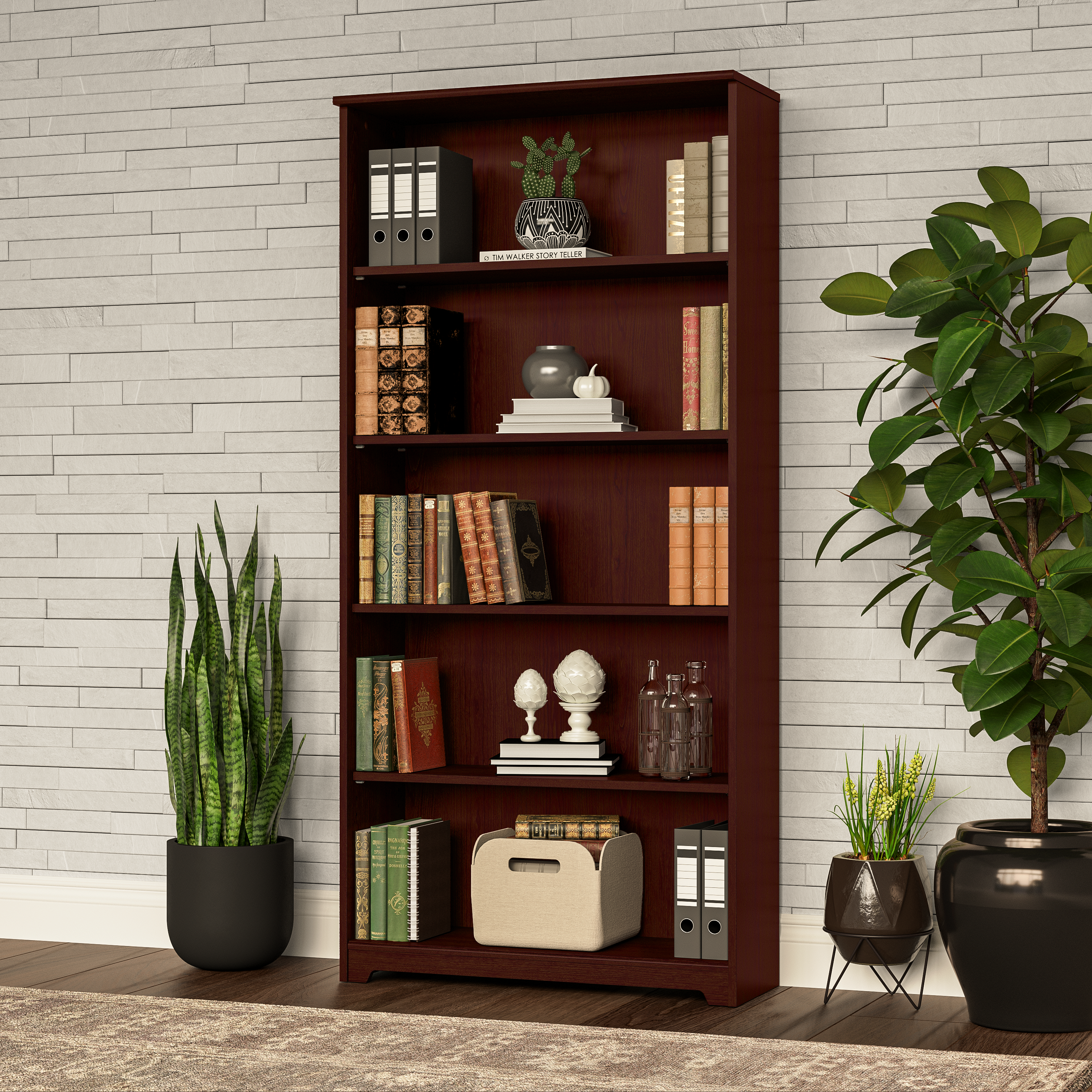 Shop Bush Furniture Cabot Tall 5 Shelf Bookcase 01 WC31466 #color_harvest cherry