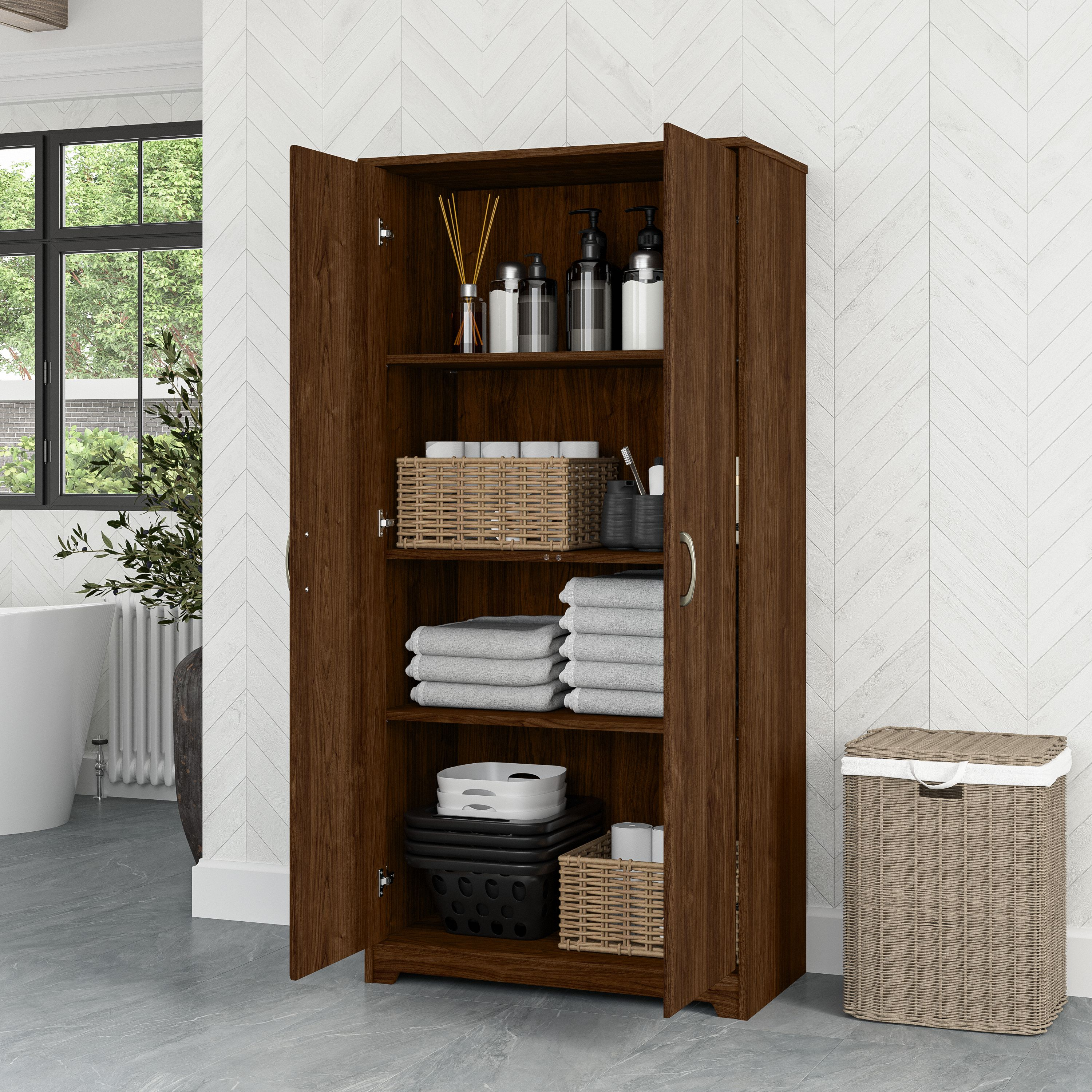 Shop Bush Furniture Cabot Tall Bathroom Storage Cabinet with Doors 03 WC31099-Z1 #color_modern walnut