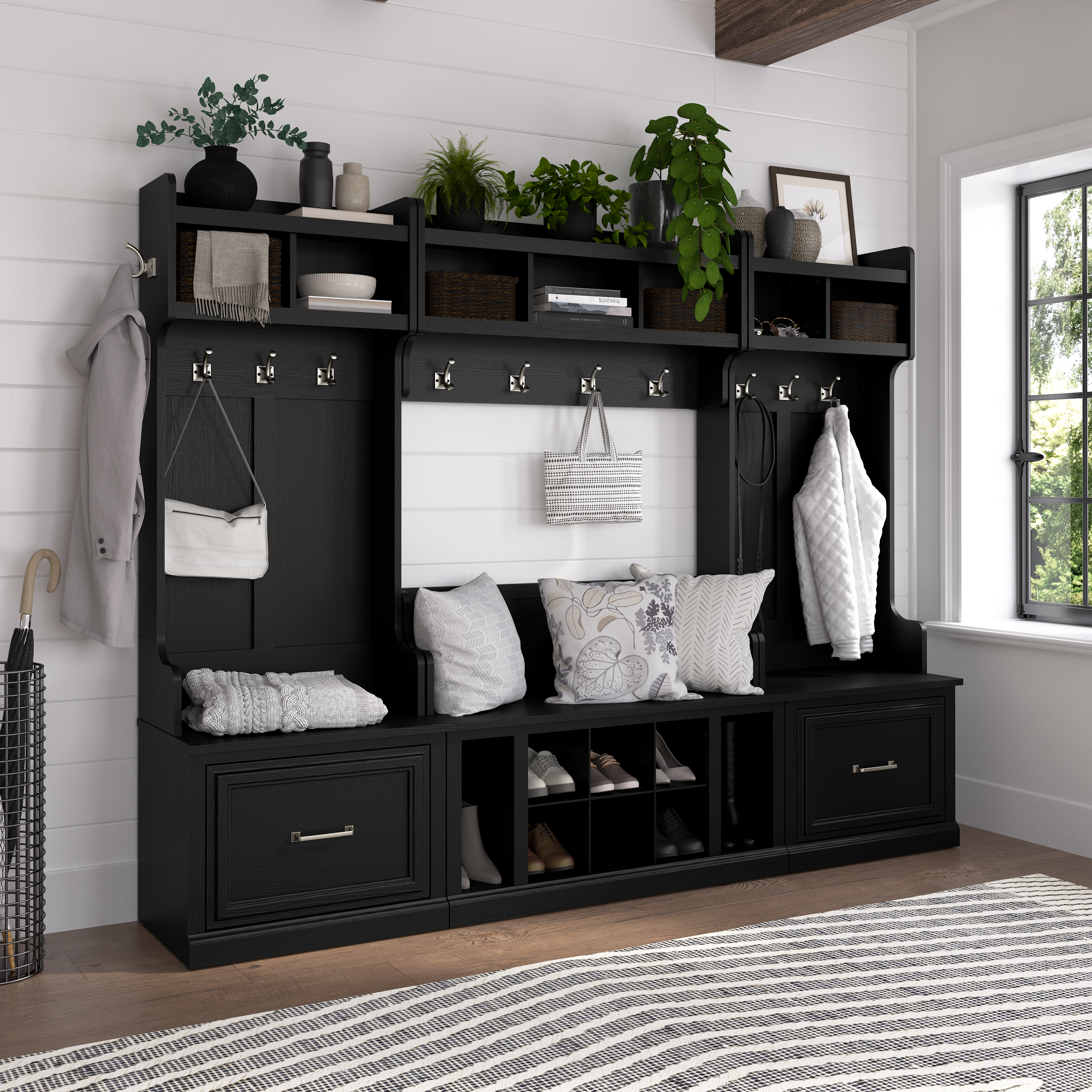 Shop Bush Furniture Woodland Entryway Storage Set with Hall Trees and Shoe Bench with Drawers 05 WDL012BS #color_black suede oak