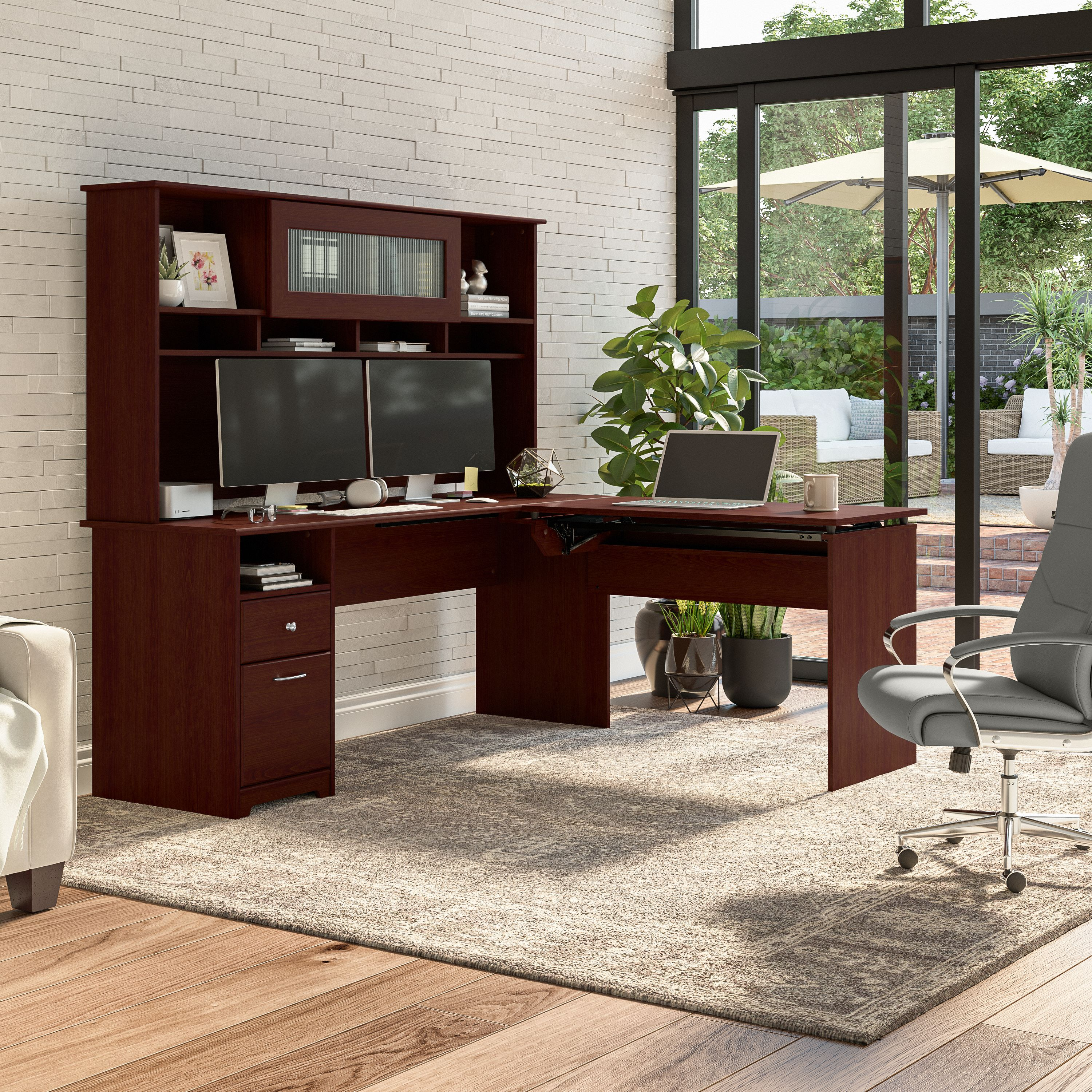 Shop Bush Furniture Cabot 72W 3 Position Sit to Stand L Shaped Desk with Hutch 03 CAB052HVC #color_harvest cherry