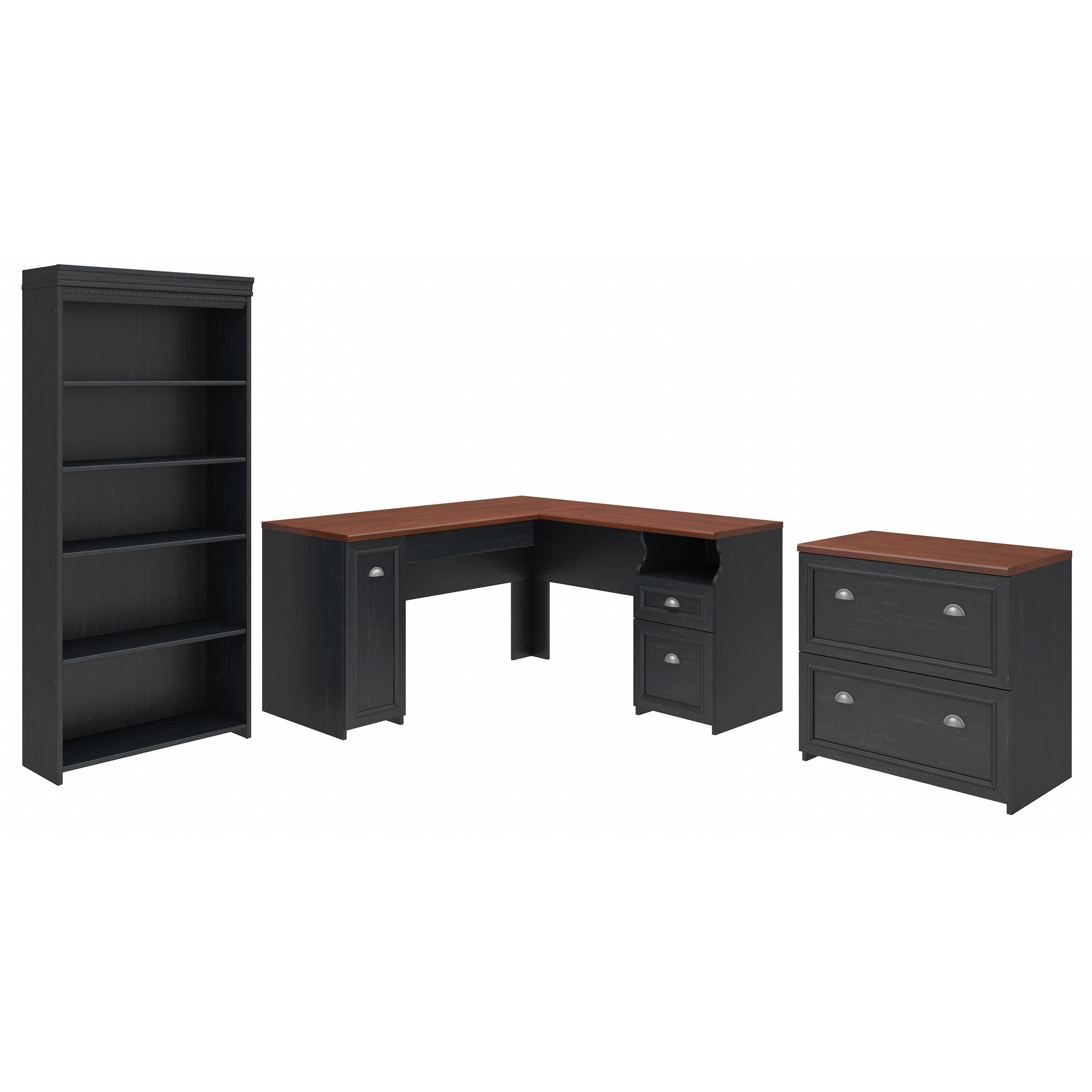 Shop Bush Furniture Fairview 60W L Shaped Desk with Lateral File Cabinet and 5 Shelf Bookcase 02 FV008AB #color_antique black/pure white