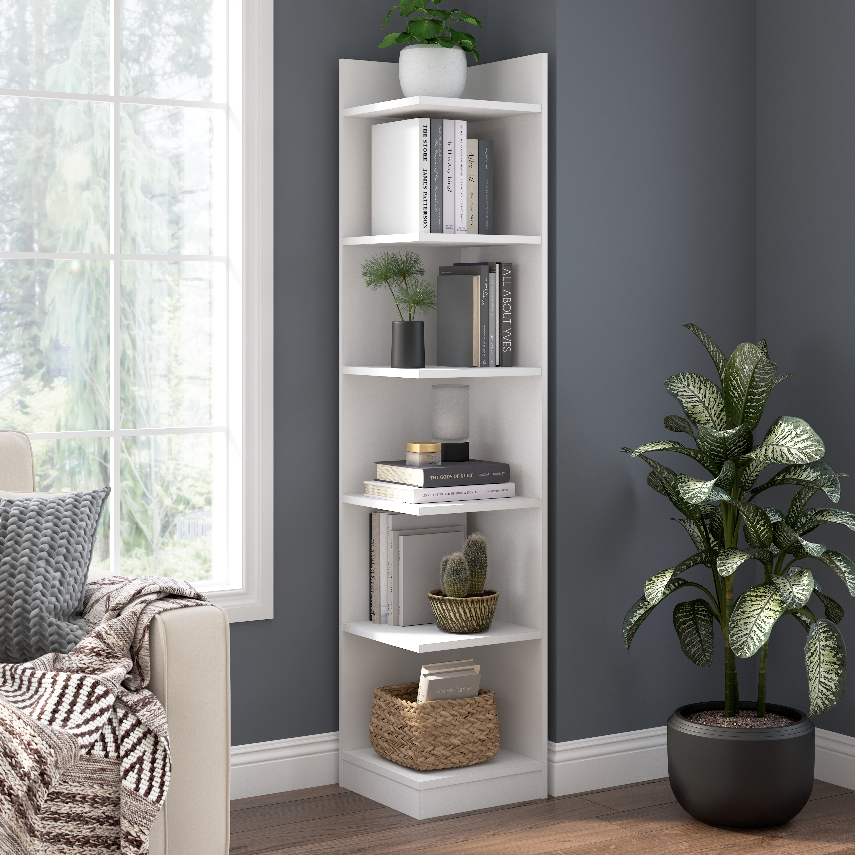 Shop Bush Furniture Universal 15W Tall Corner Bookshelf 01 UBB115WH #color_white