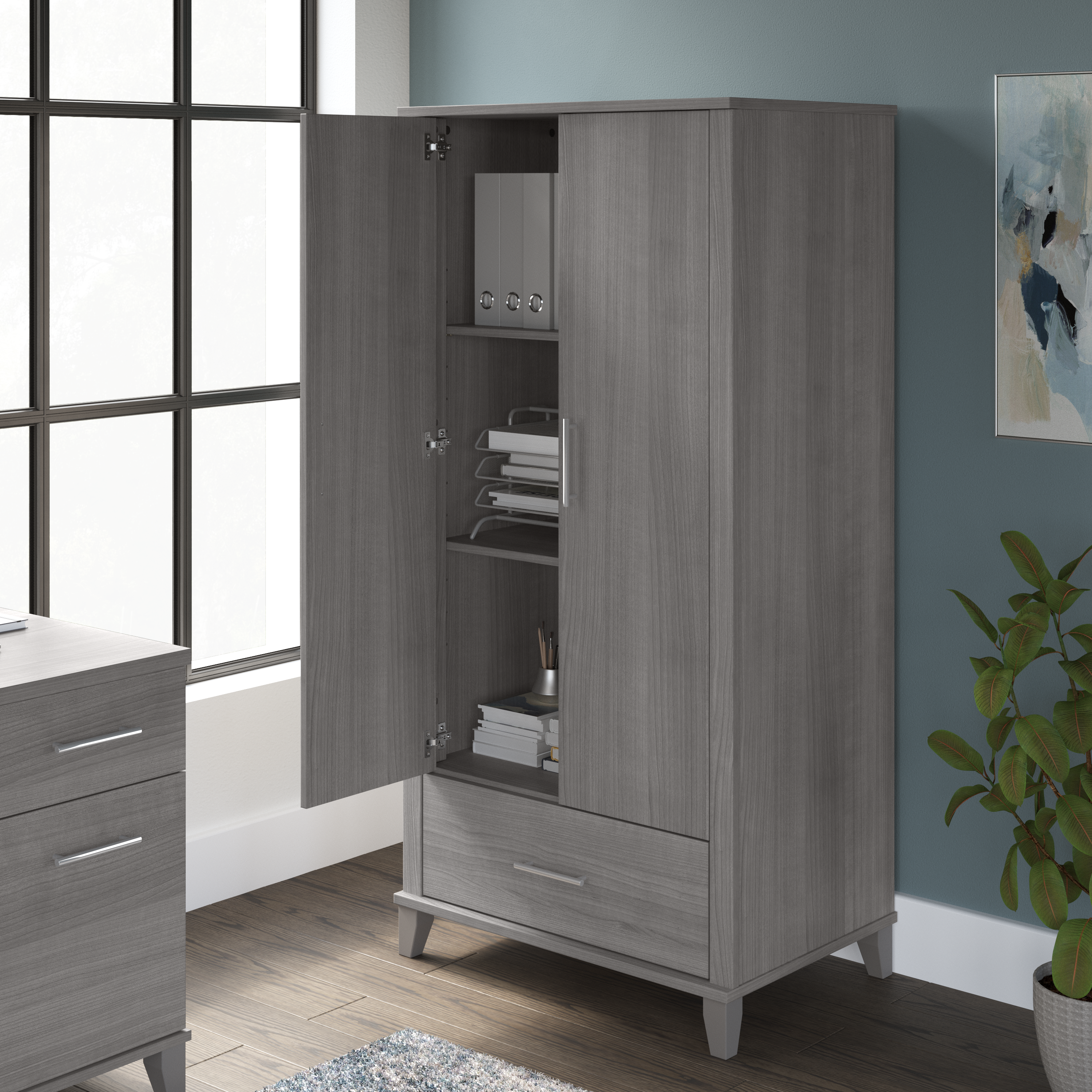 Shop Bush Furniture Somerset Tall Storage Cabinet with Doors and Drawer 03 STS166PGK-Z2 #color_platinum gray