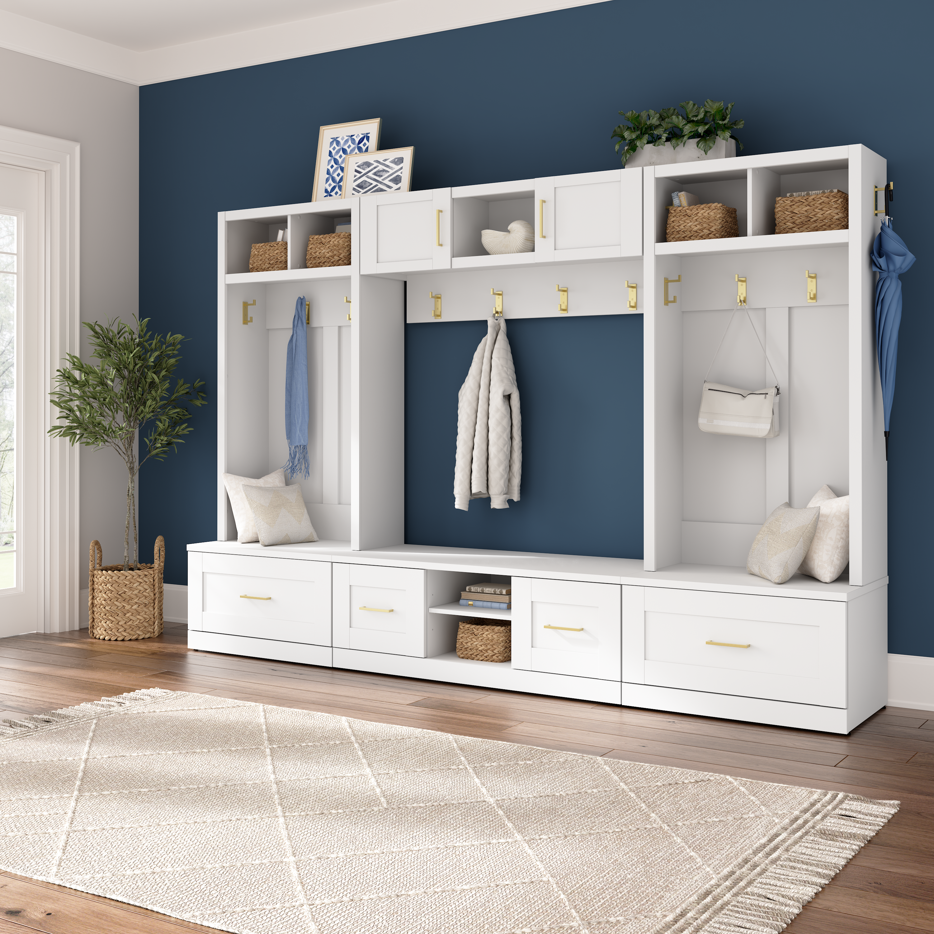 Shop Bush Furniture Hampton Heights Entryway Storage Set with 30W Hall Tree and Shoe Bench with Drawer 05 HHS001WH #color_white