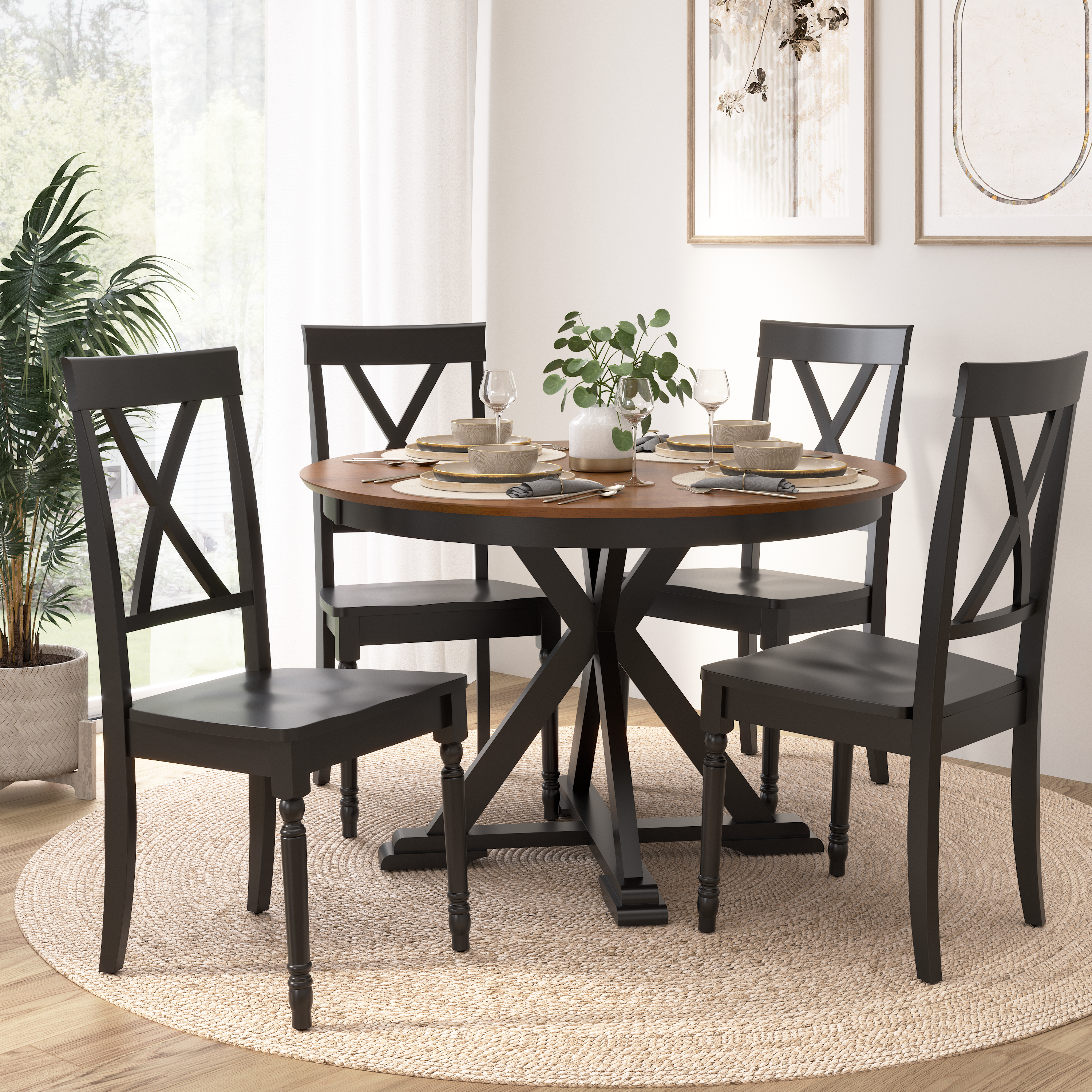 Shop Bush Furniture West End 45W Round Trestle Dining Table with 4 Cross Back Dining Chairs 01 WEN002BMB #color_burnished medium brown/black paint