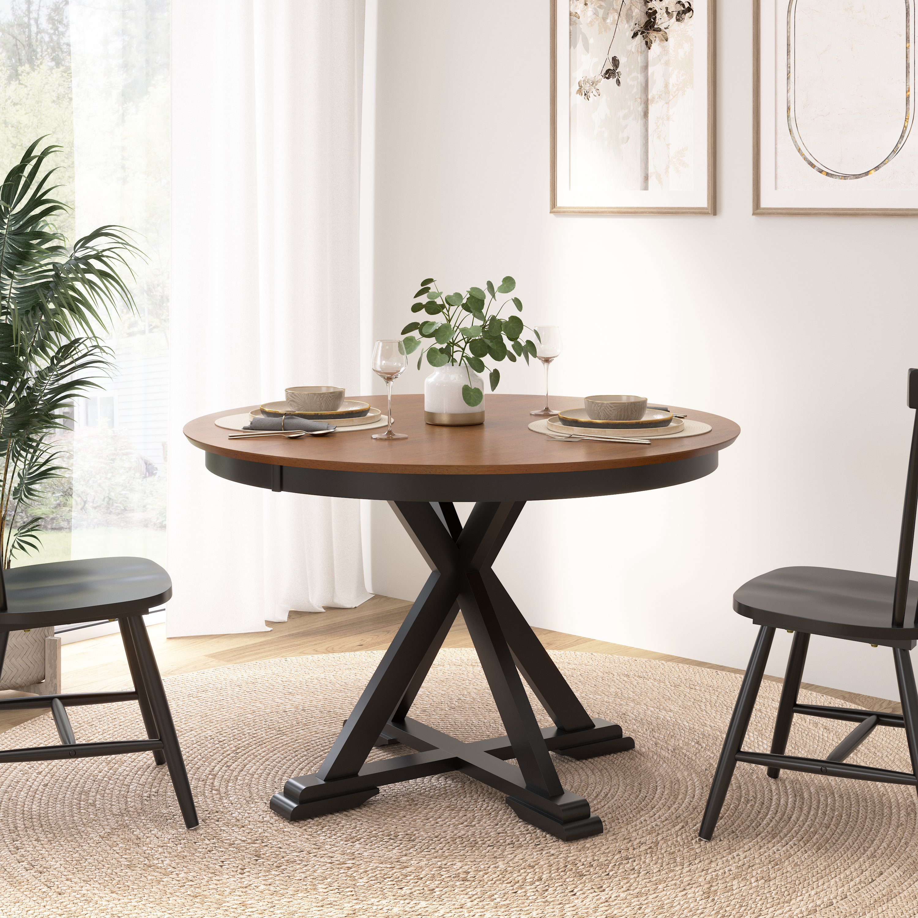 Shop Bush Furniture West End 45W Round Trestle Dining Table 01 WET01BMB-03 #color_burnished medium brown/black paint