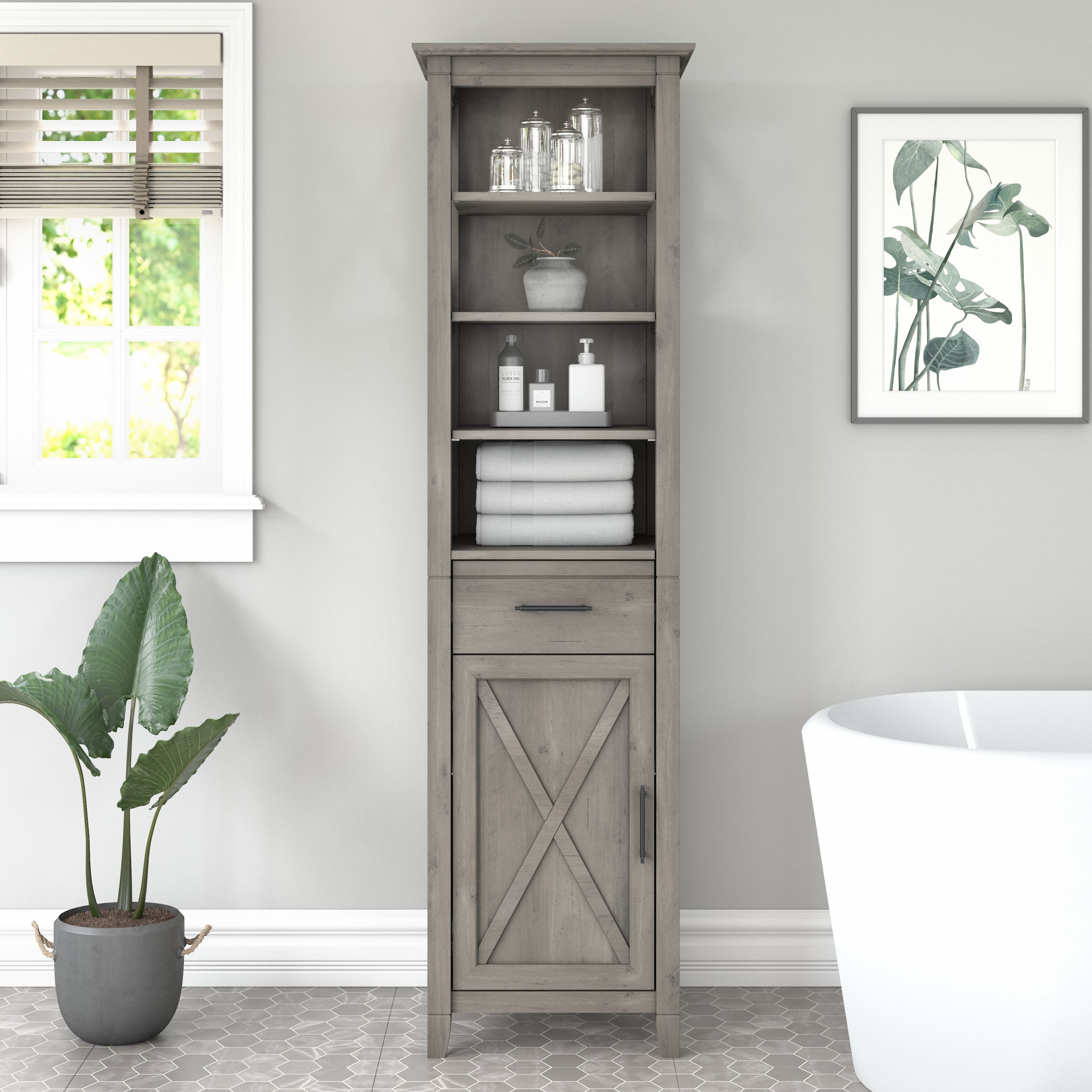 Shop Bush Furniture Key West Tall Narrow Bookcase Cabinet 01 KWS168DG-Z #color_driftwood gray