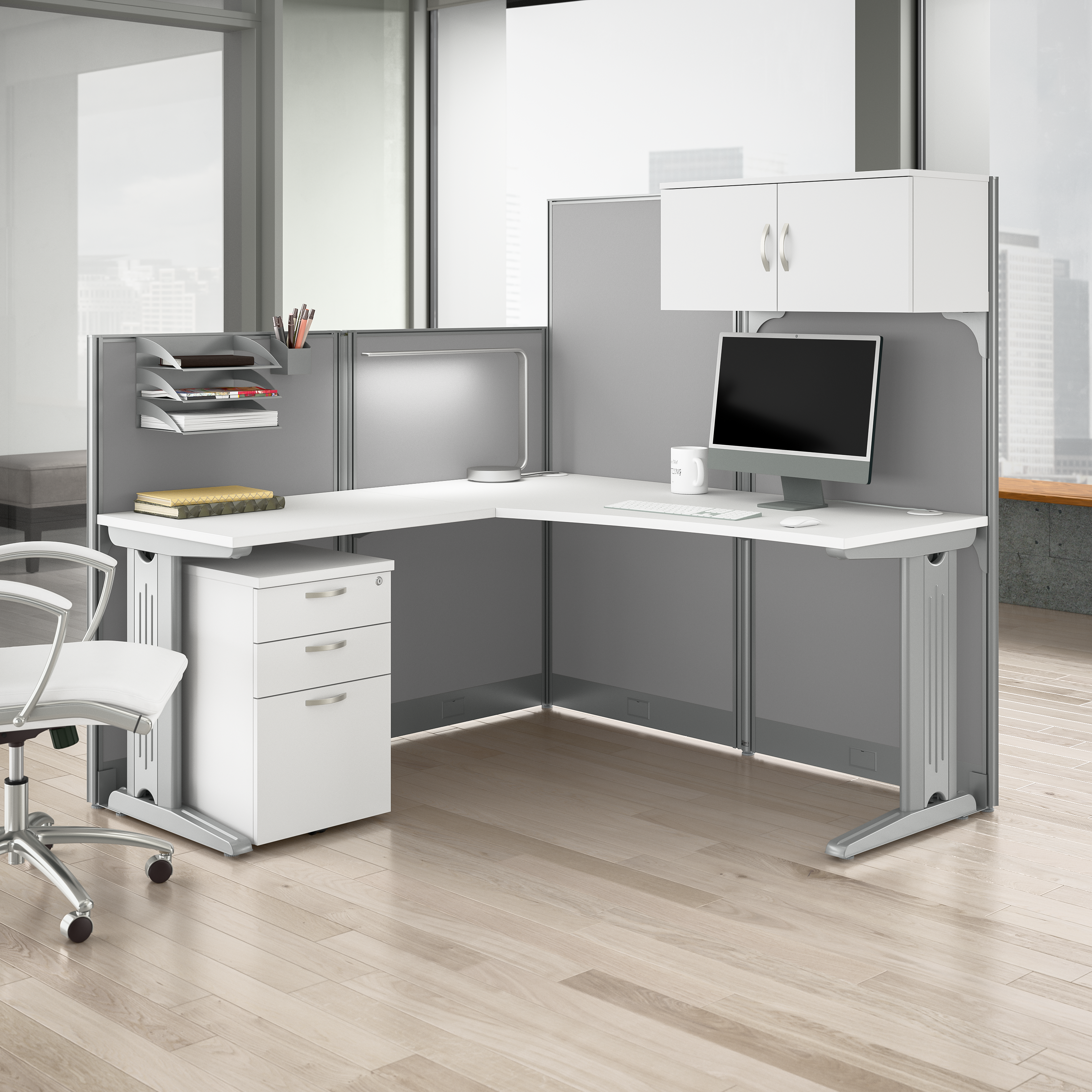 Shop Bush Business Furniture Office in an Hour 65W L Shaped Cubicle Desk with Storage, Drawers, and Organizers 01 WC36194-03STGK #color_pure white