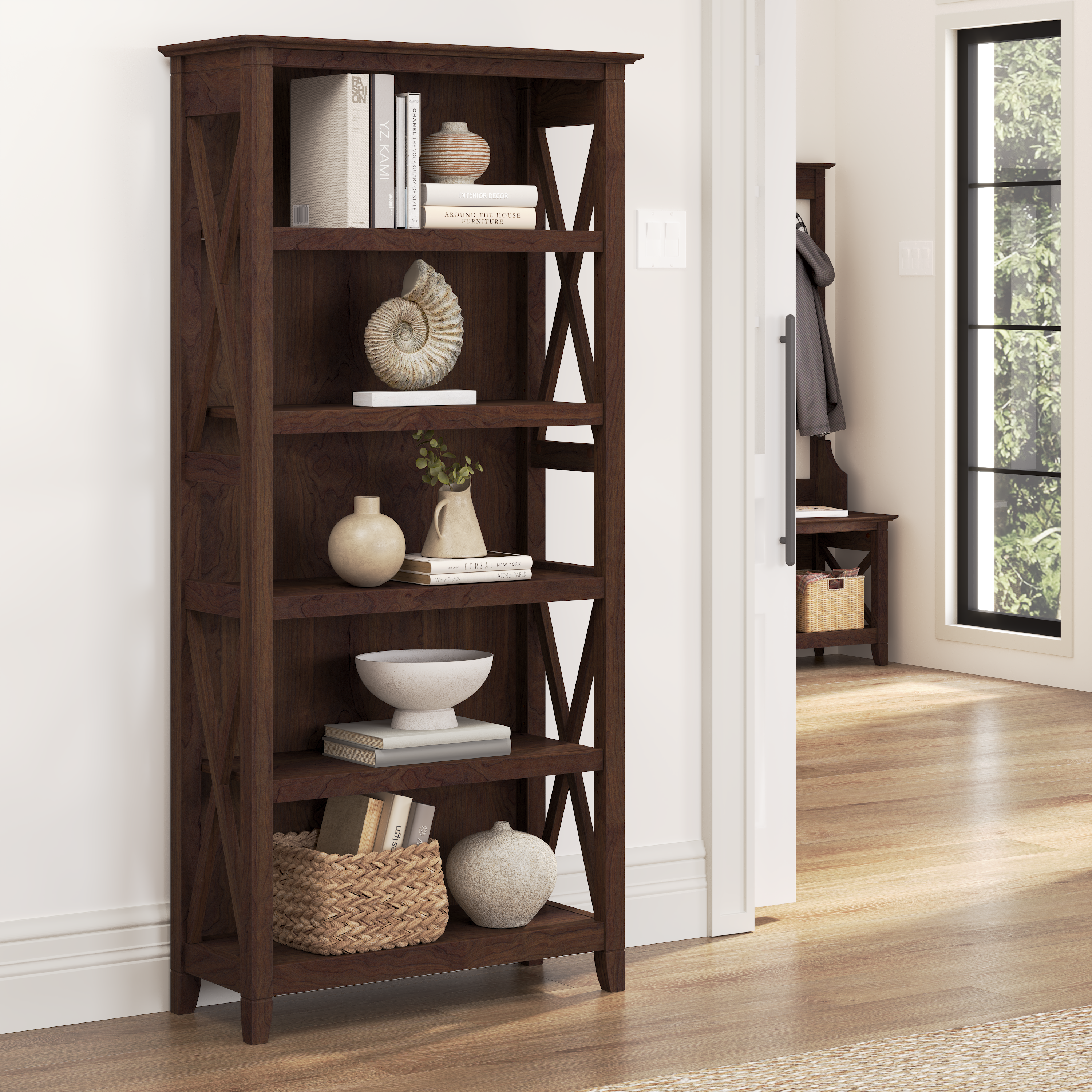 Shop Bush Furniture Key West Tall 5 Shelf Bookcase 01 KWB132BC-03 #color_bing cherry