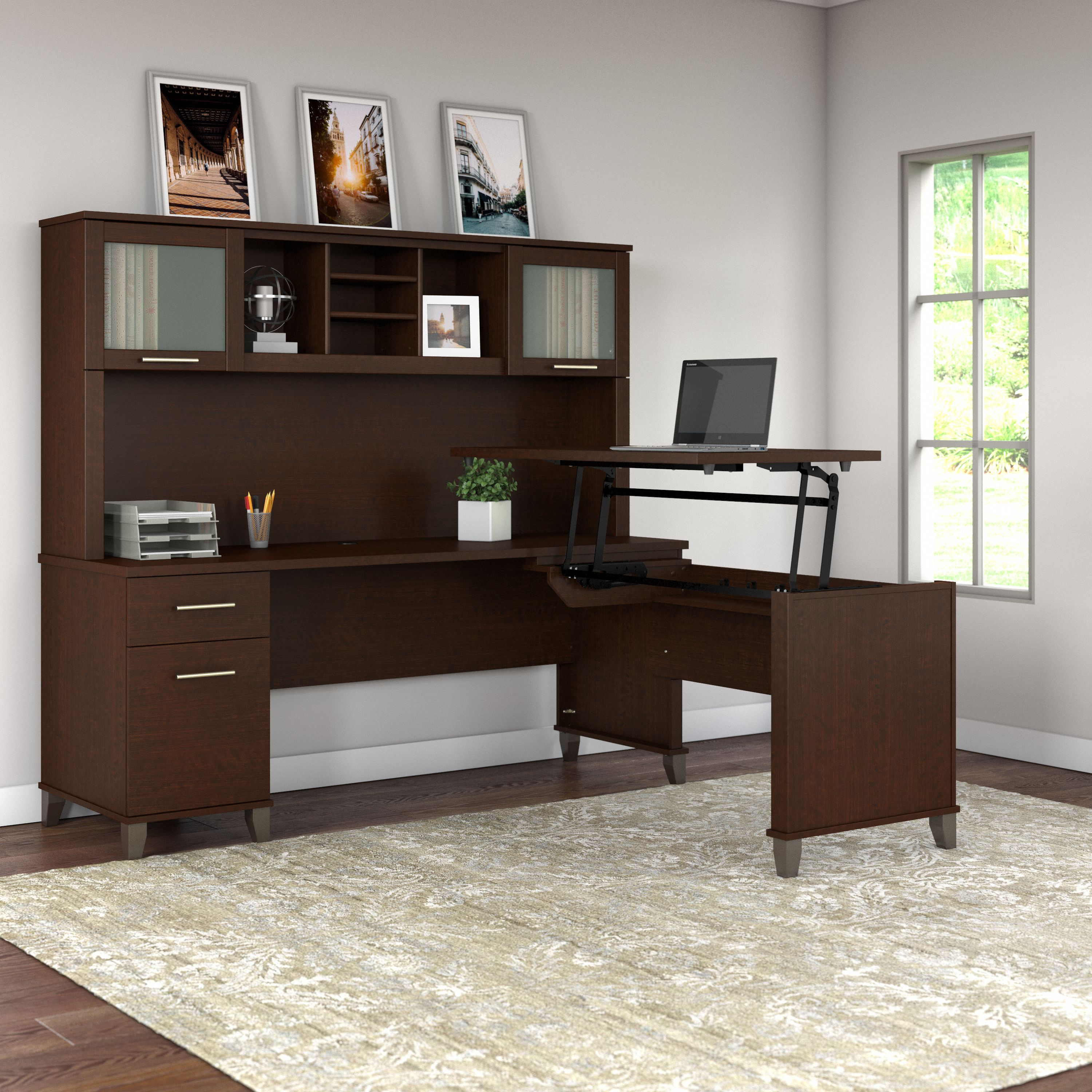 Shop Bush Furniture Somerset 72W 3 Position Sit to Stand L Shaped Desk with Hutch 01 SET015MR #color_mocha cherry