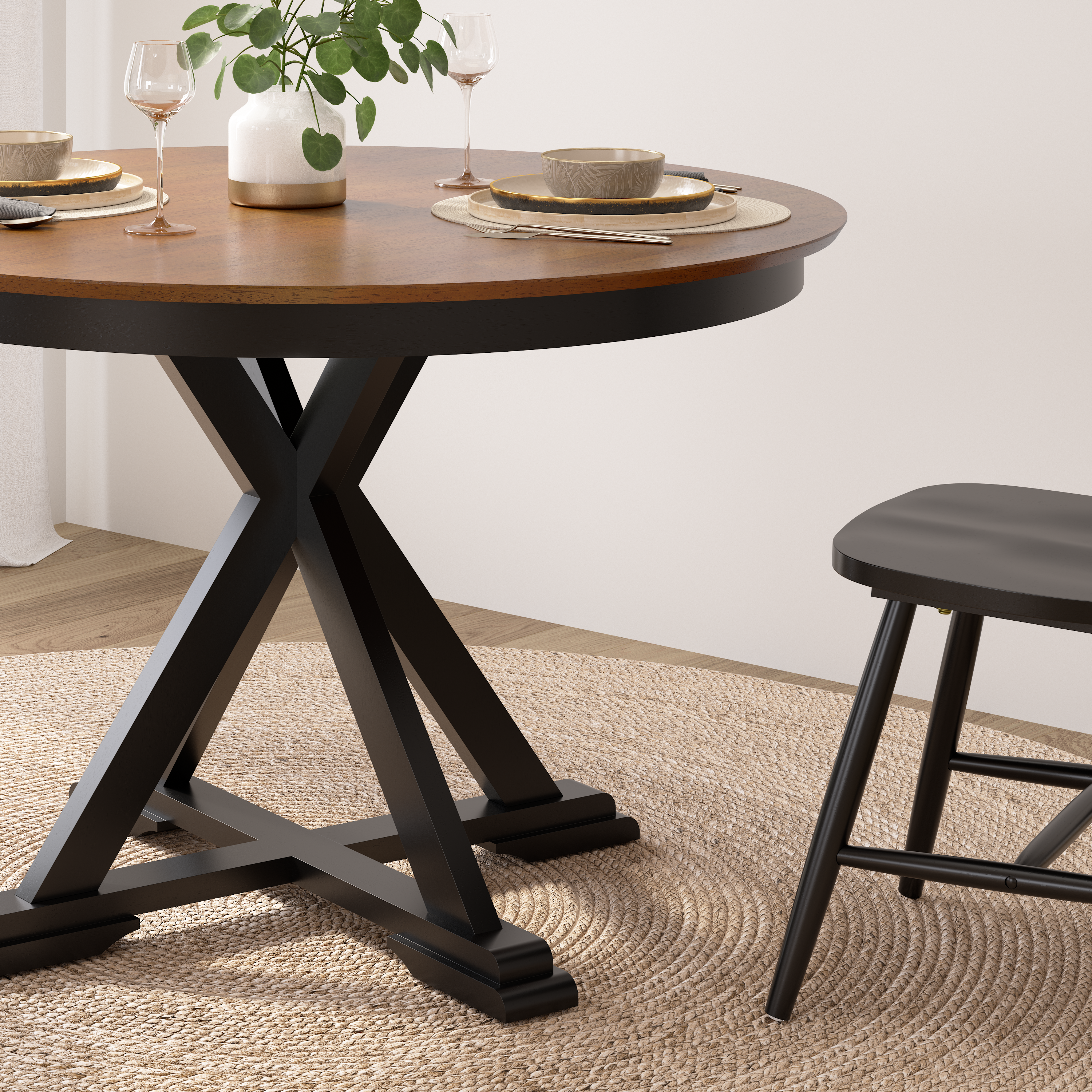 Shop Bush Furniture West End 45W Round Trestle Dining Table 04 WET01BMB-03 #color_burnished medium brown/black paint