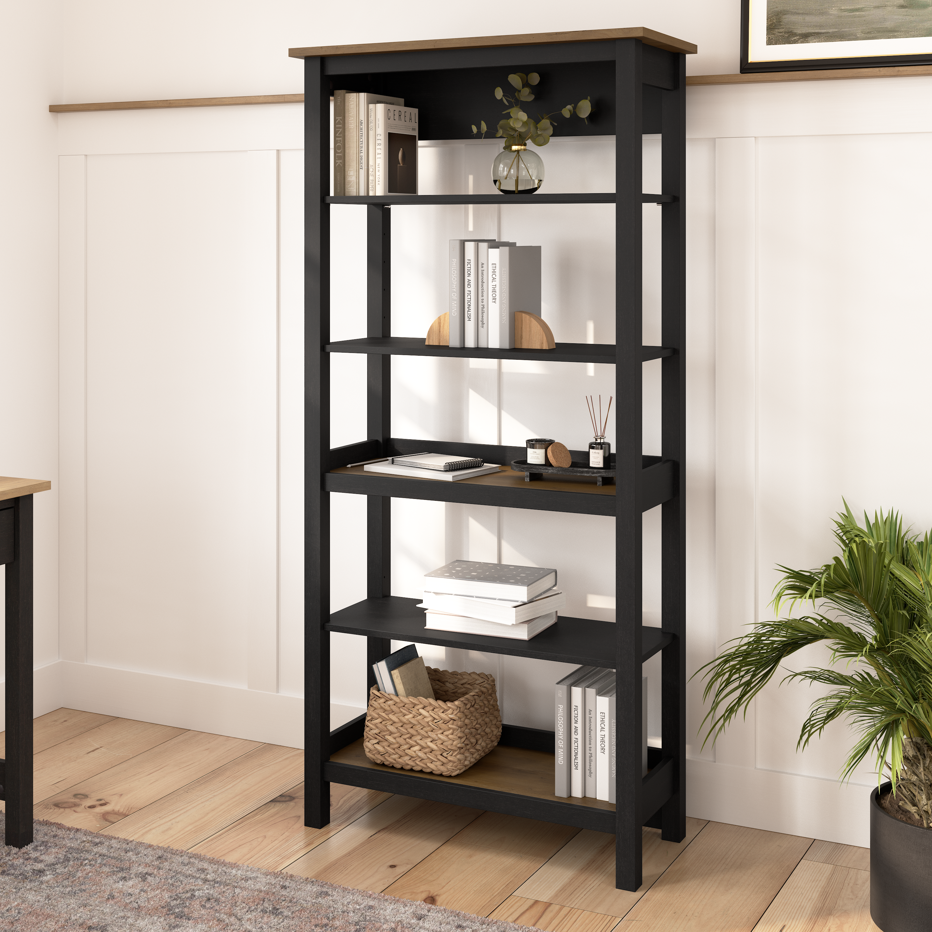 Shop Bush Furniture Mayfield Tall 5 Shelf Bookcase 01 MAB132V2P-03 #color_vintage black/reclaimed pine