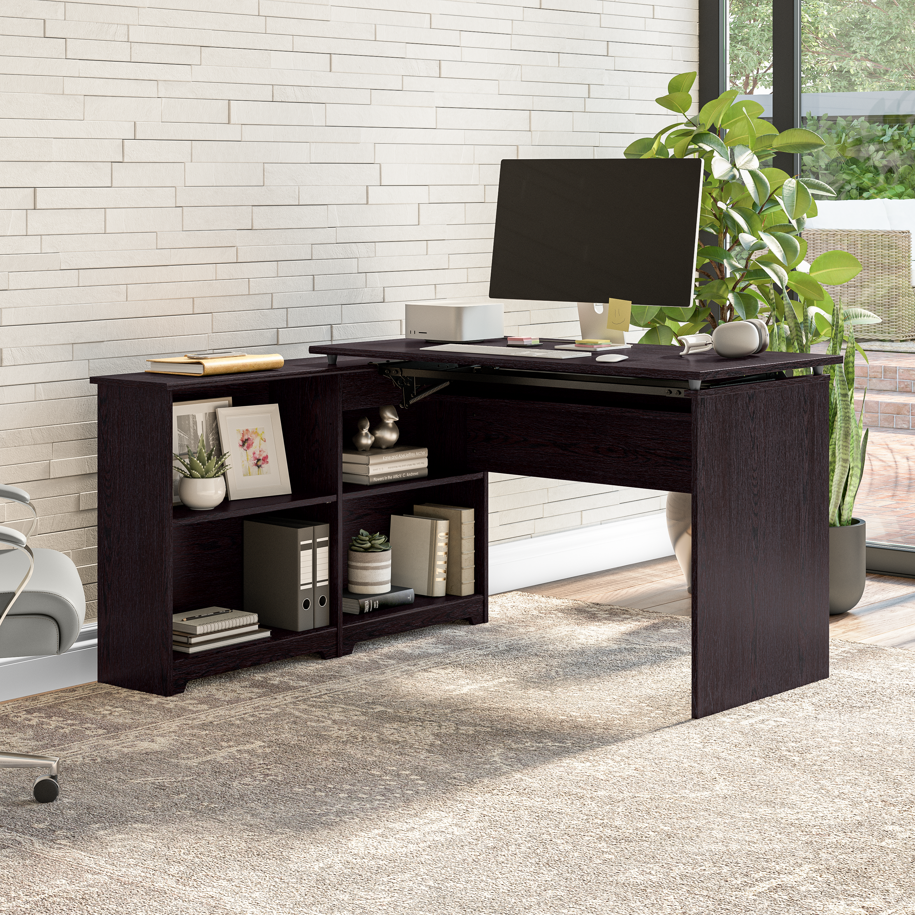 Shop Bush Furniture Cabot 52W 3 Position Sit to Stand Corner Desk with Shelves 03 WC31816 #color_espresso oak